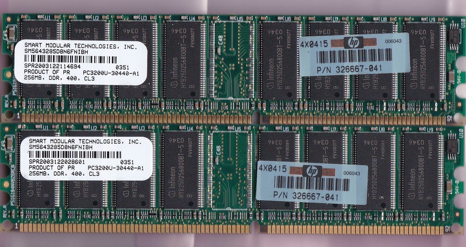 512MB 2x256MB PC-3200 SMART SM5643285D8N6FNIBH HP 326667-041 DDR-400 Kit DDR1