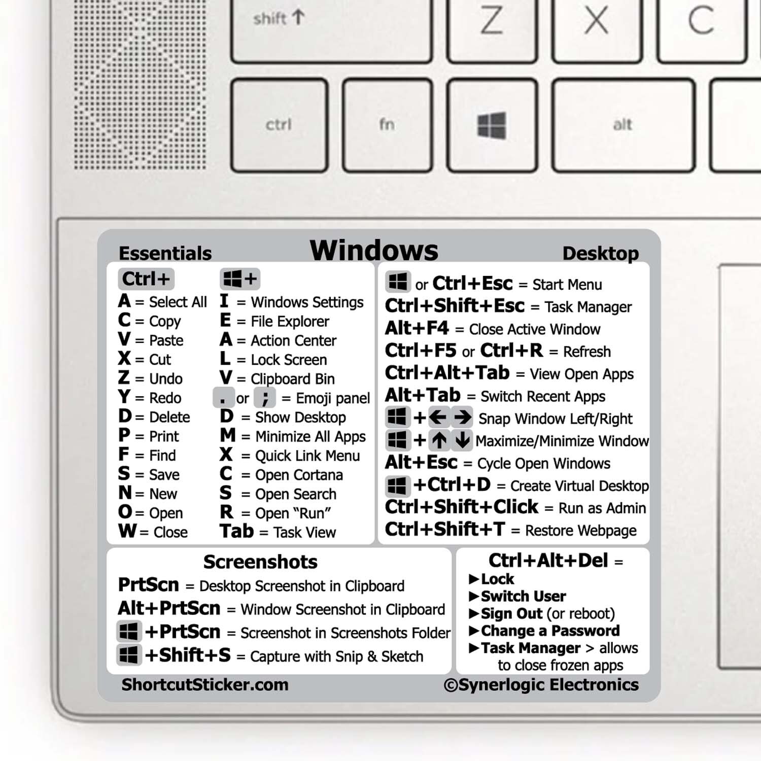 SYNERLOGIC Windows PC shortcuts -durable vinyl sticker size SM for 13" laptop