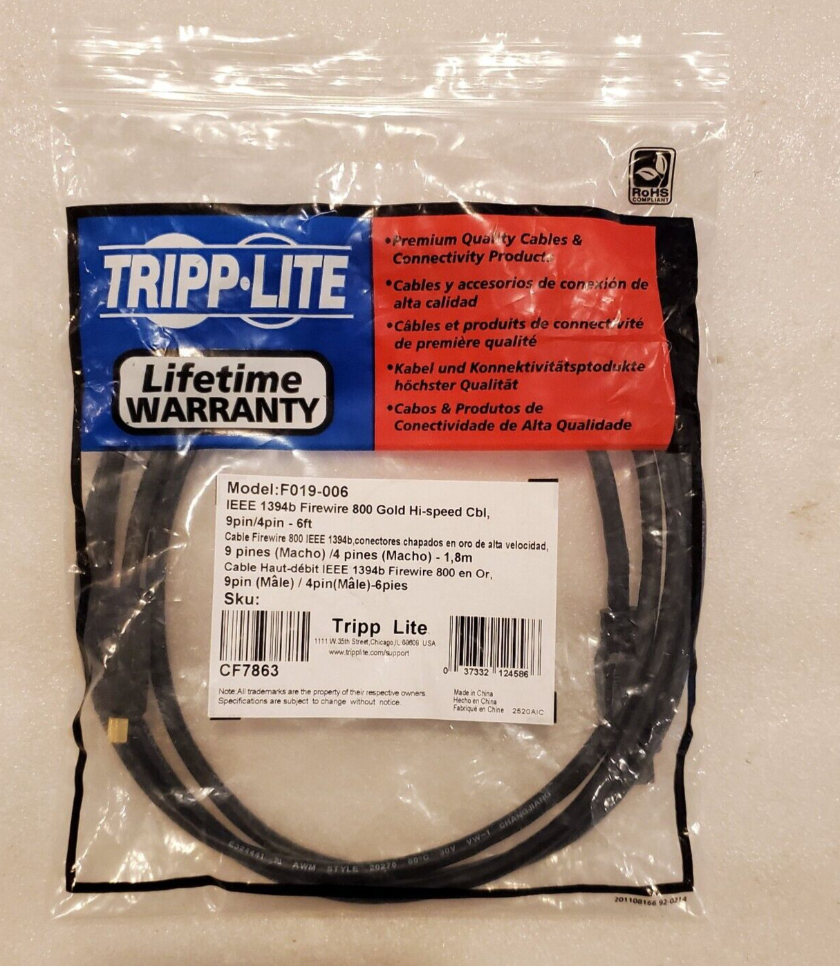 *New* Tripp Lite F019-006 FireWire 800 Gold Hi-speed Cable IEEE 1394b