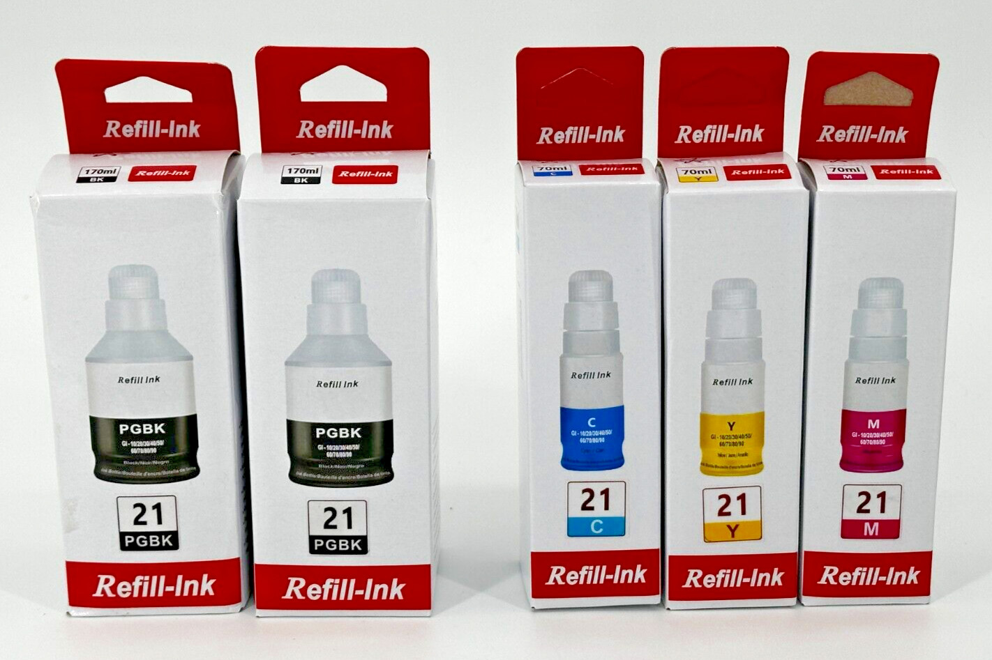 NEW Set of GI-21 Printer Ink Refill Bottles ~ C+M+Y (70 ml) + 2 Black (170 ml)