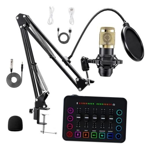 Podcast Equipment Bundle, Streaming Audio Interface Kit with Condenser Black
