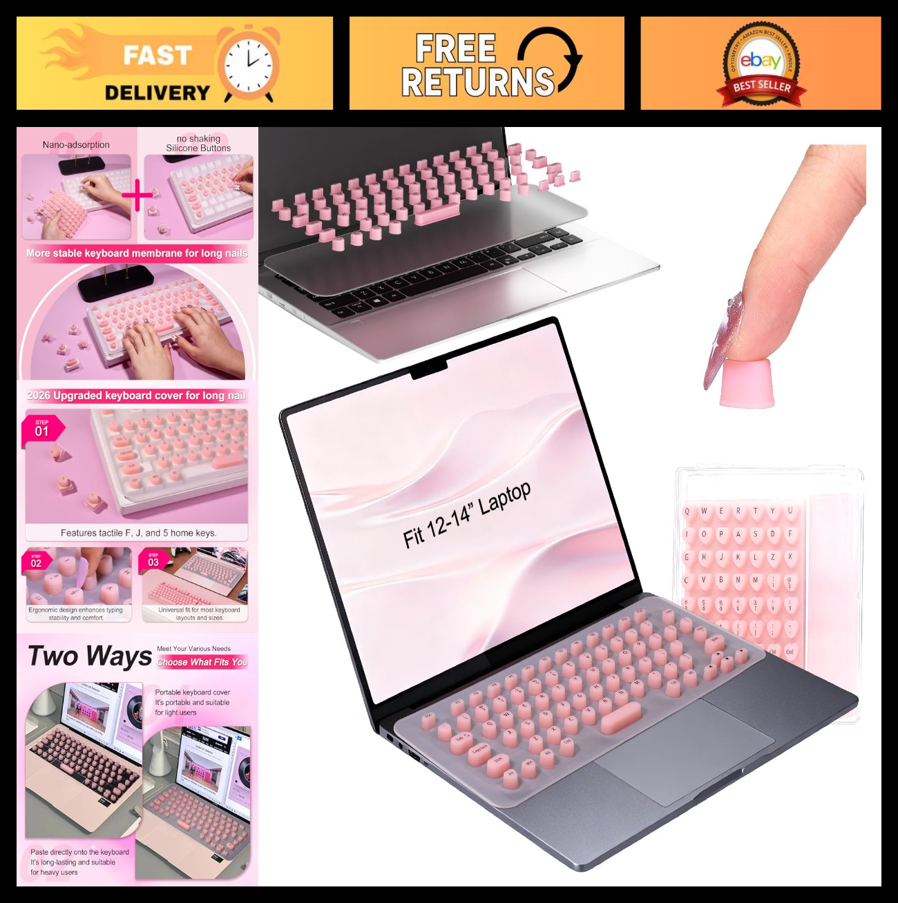 Universal Laptop Keyboard Cover for Long Nails - DIY Film & Raised Stickers, Pin