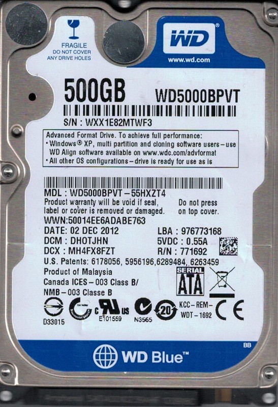 WD5000BPVT-55HXZT4 DCM: DHOTJHN WXX1E Western Digital 500GB