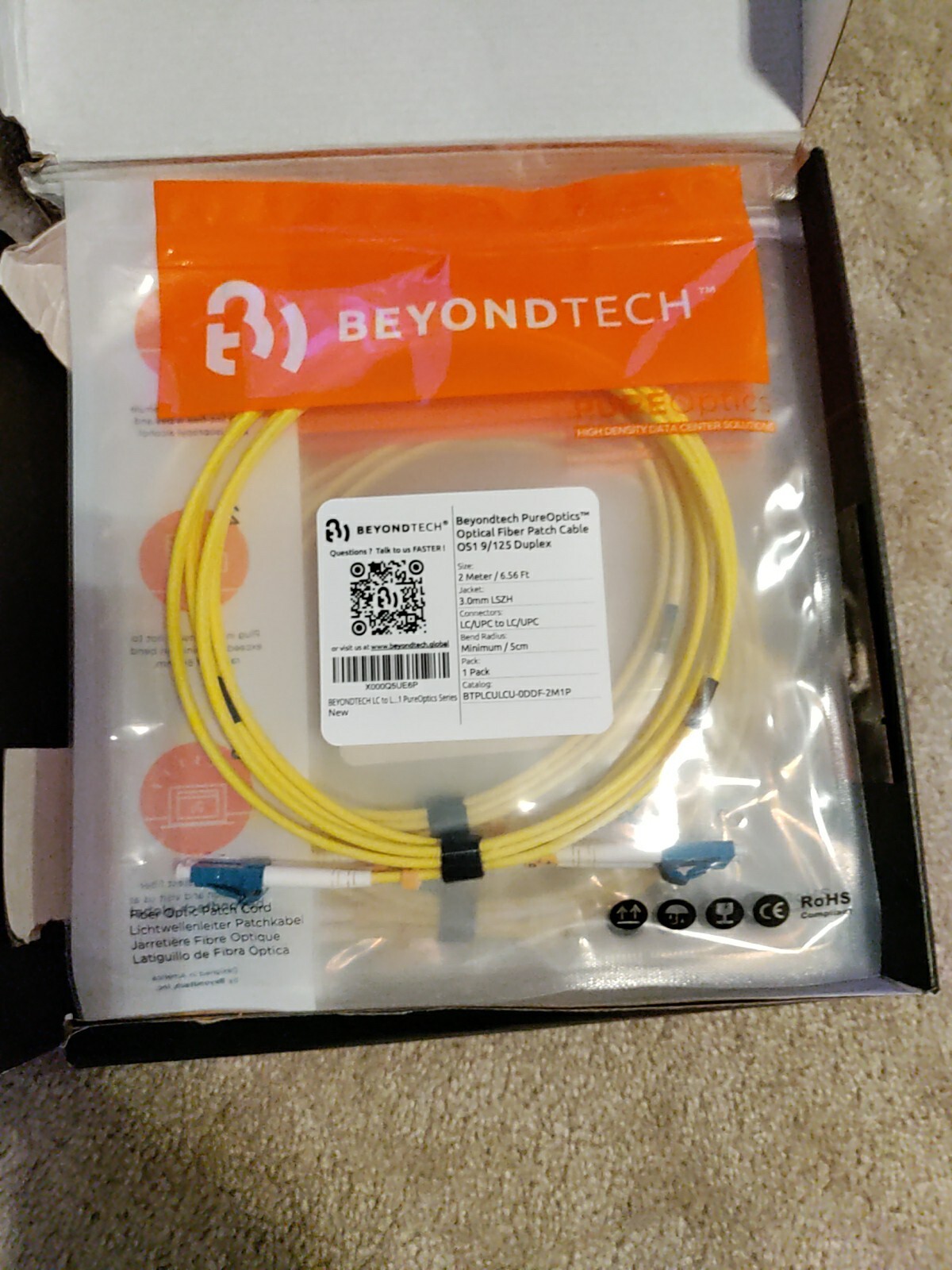 5-Pack BEYONDTECH Single Mode OS1 Duplex LC LC Fiber Patch Cable - 3m (9.84ft)