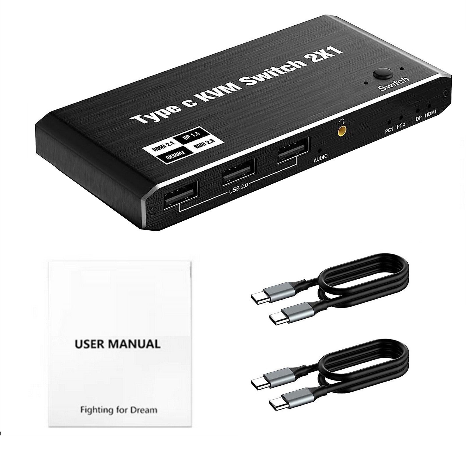 2x1 8K USB C KVM Switch 3.5mm 100W PD Charge Type C KVM Switch Share Accessories