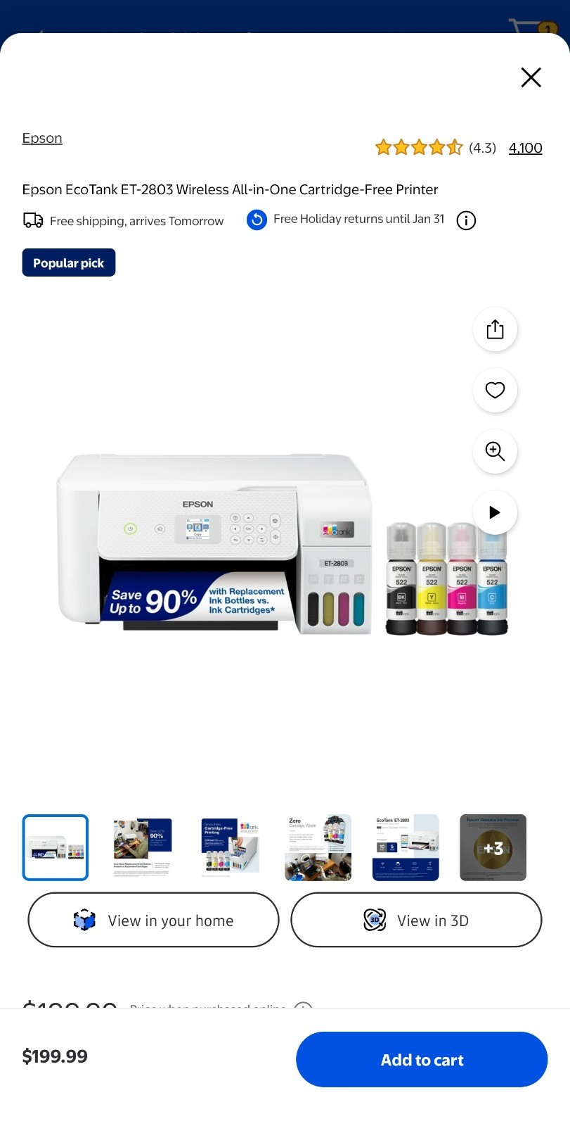 Epson EcoTank ET-2803 Color Inkjet All-In-One Printer - White