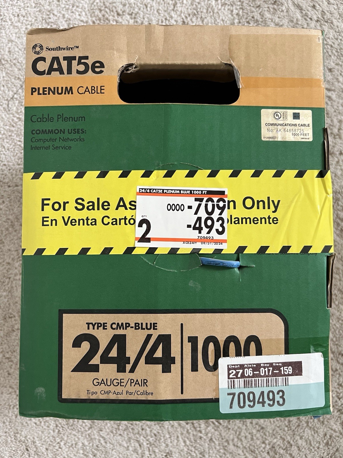 Southwire 56917749 1000 ft. Blue 24/4 CAT5e CMP (Plenum) Data Cable Brand New