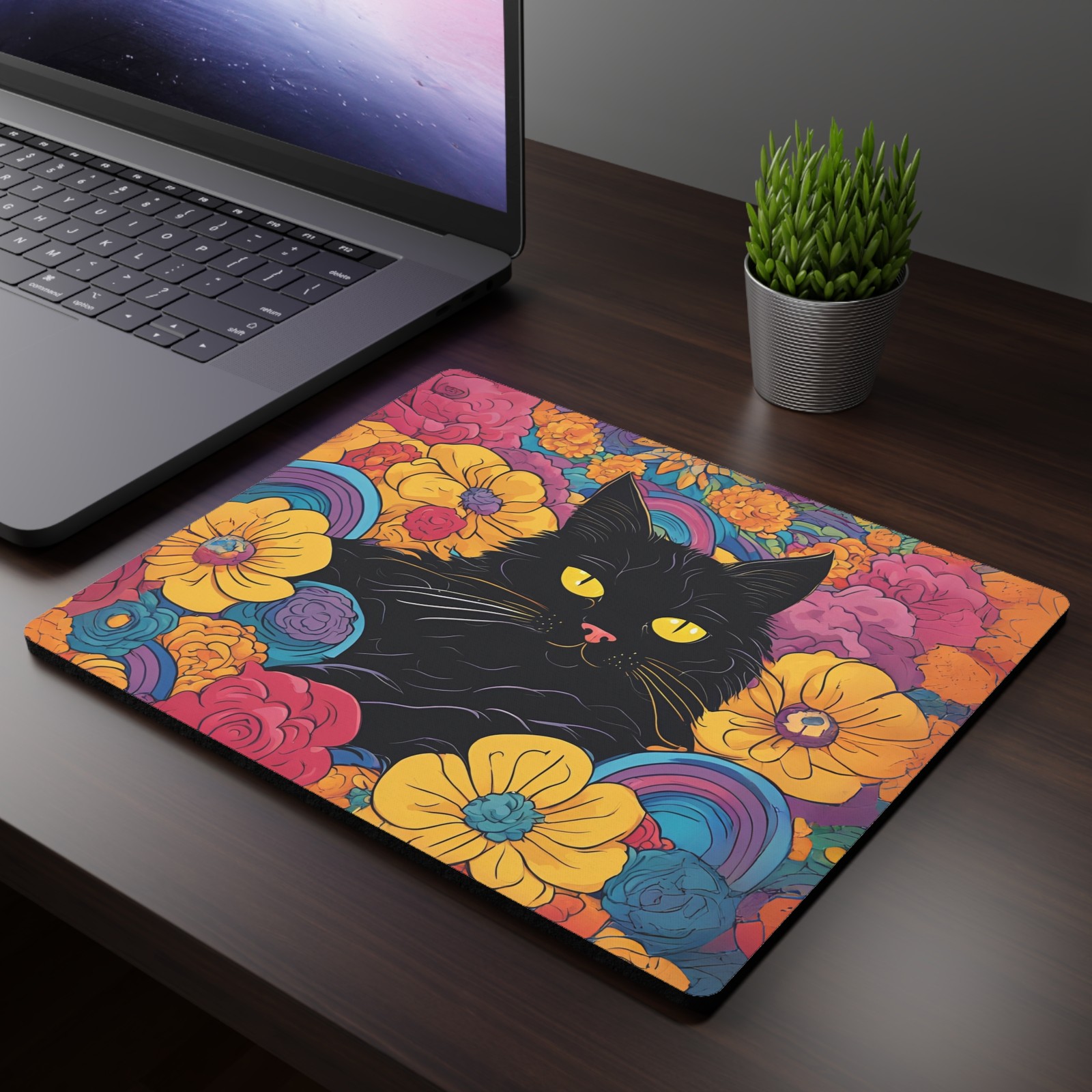 Black Cat Mouse Pad, Floral Desk Accessory, cat lover gift, Black Cat desk mat