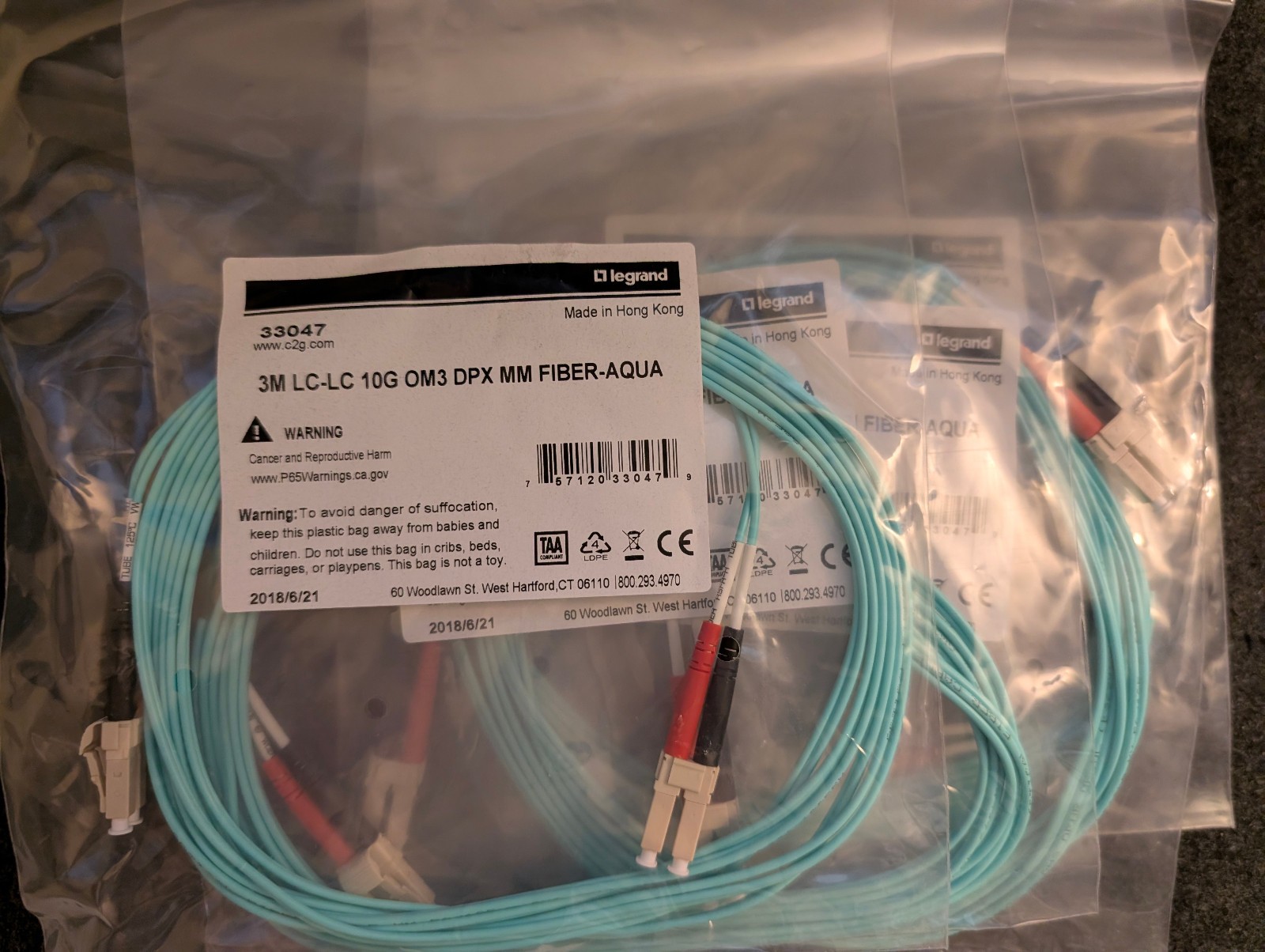(Lot of 4) NEW C2G Legrand 3M LC-LC 10G OM3 DPX MM Fiber-Aqua Optic Cable 33047