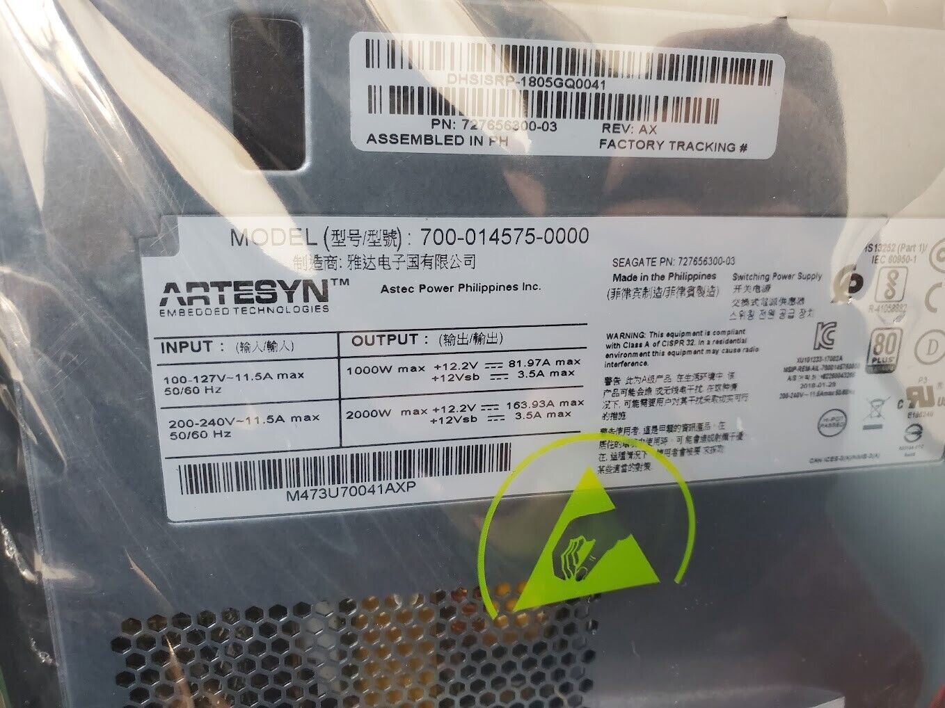 700-014575-0000 New Artesyn 727656300-03 Hot Swap 2000W Server Power Supply
