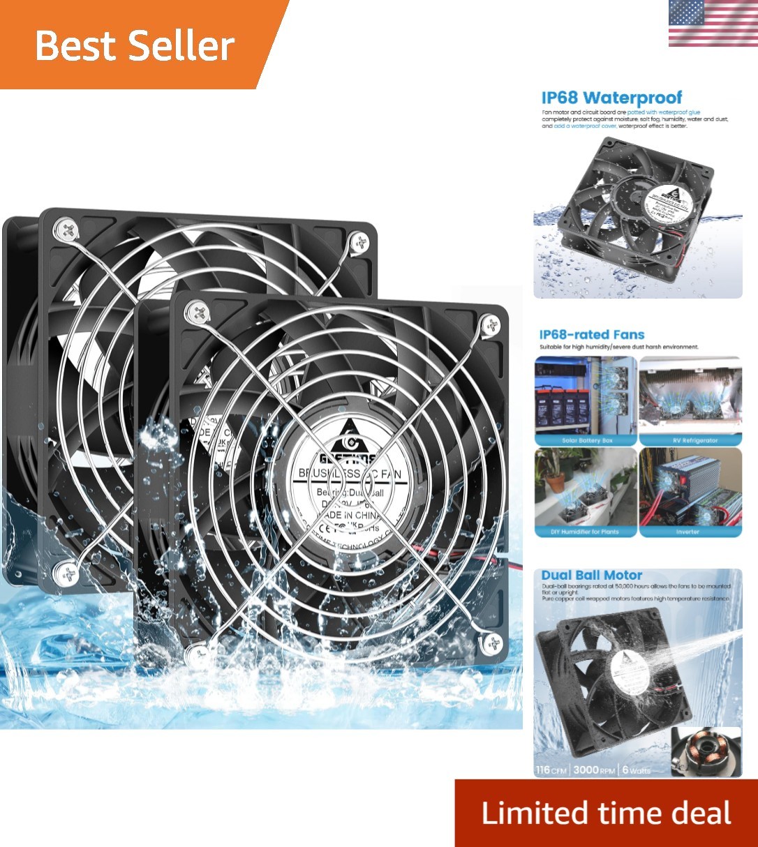 Outdoor 120mm Waterproof Exhaust Fan with Dual Ball Bearings - Excellent Cooling