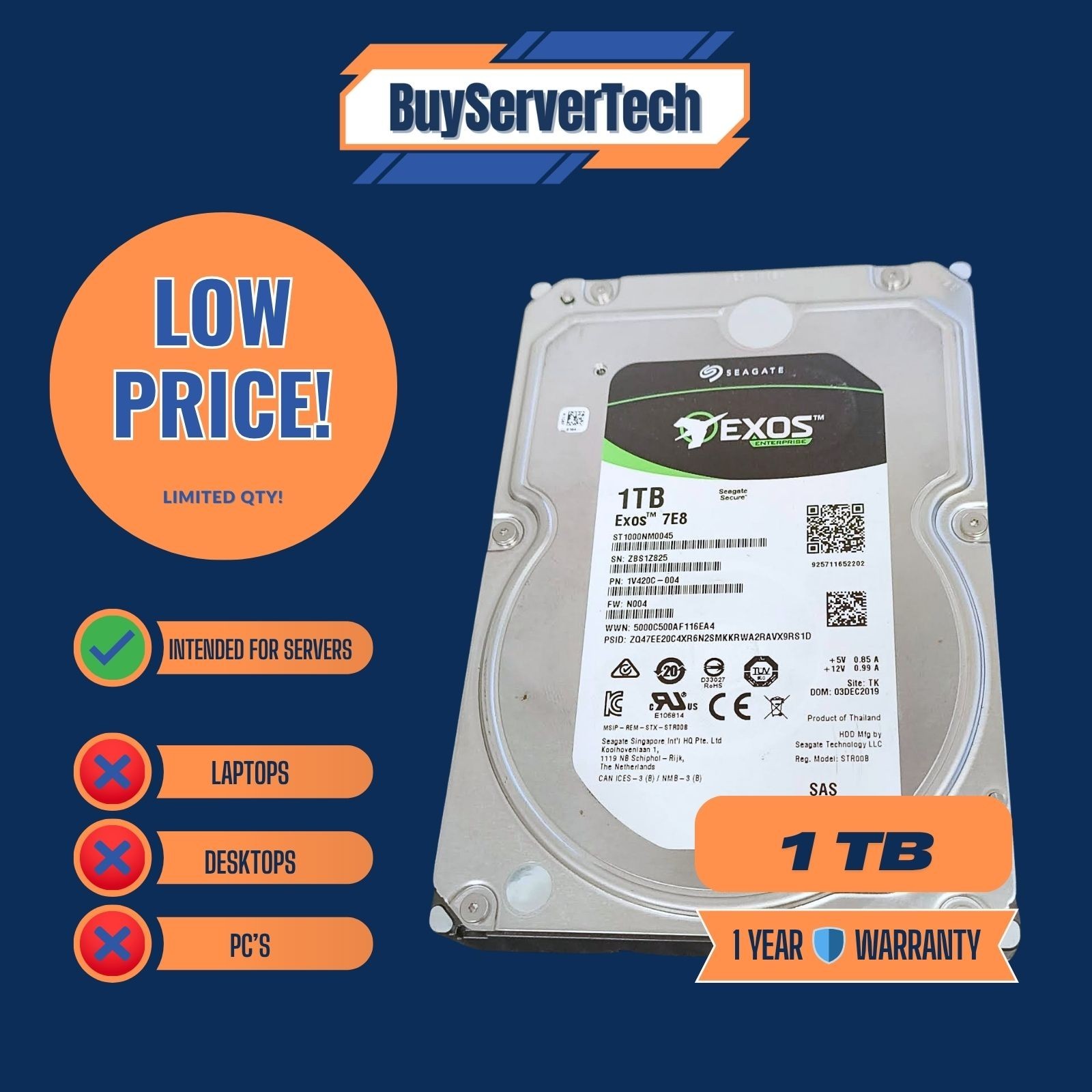 Seagate ST1000NM0045 Exos 7E8 1tb 7.2k sata-6gbps 128mb 3.5" HDD