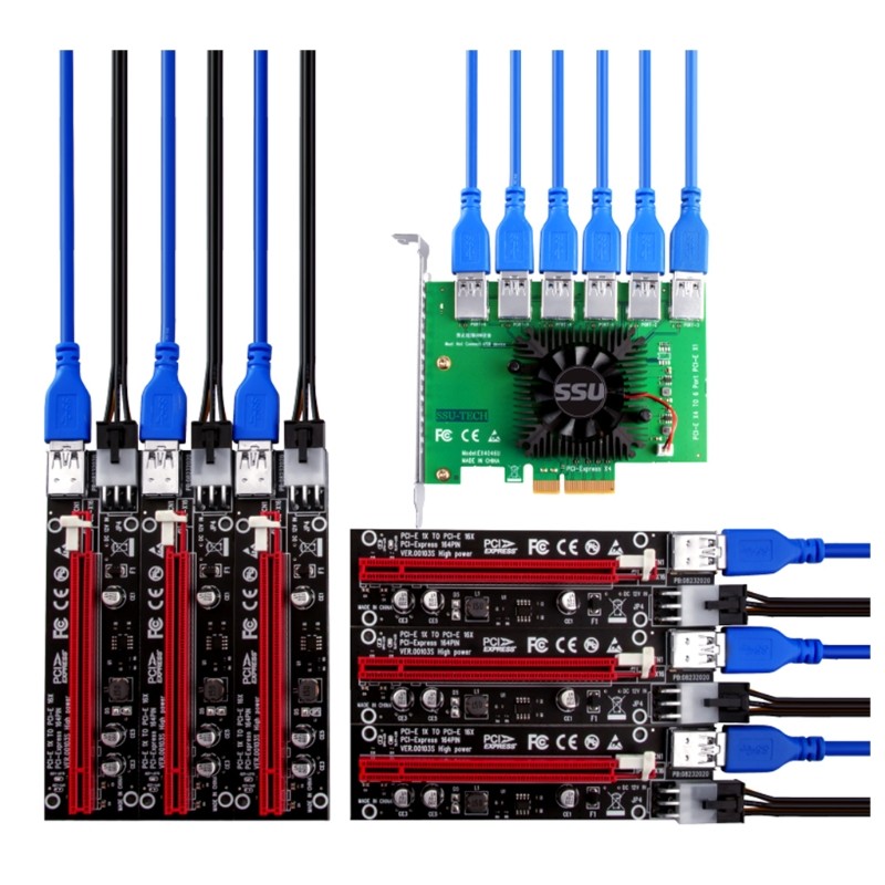 6PCS/SET PCI-E for Express Cable 1x to 6x Riser Cable Powered Riser Adapter Card