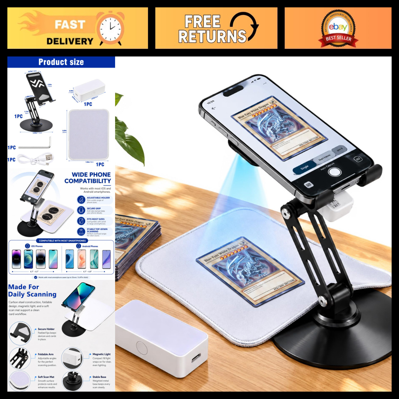 Foldable Trading Card Scanner Stand with LED Light, Carbon Steel Holder & Scanni