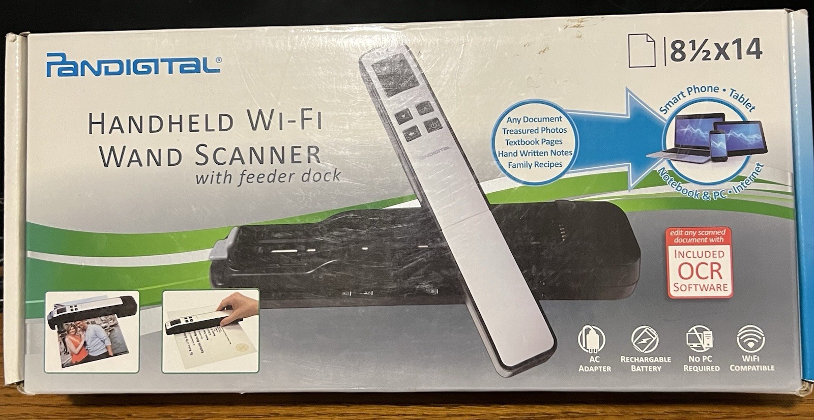 Pandigital Handheld Wi-Fi Wand Scanner  Feeder Dock With OCR Software RED