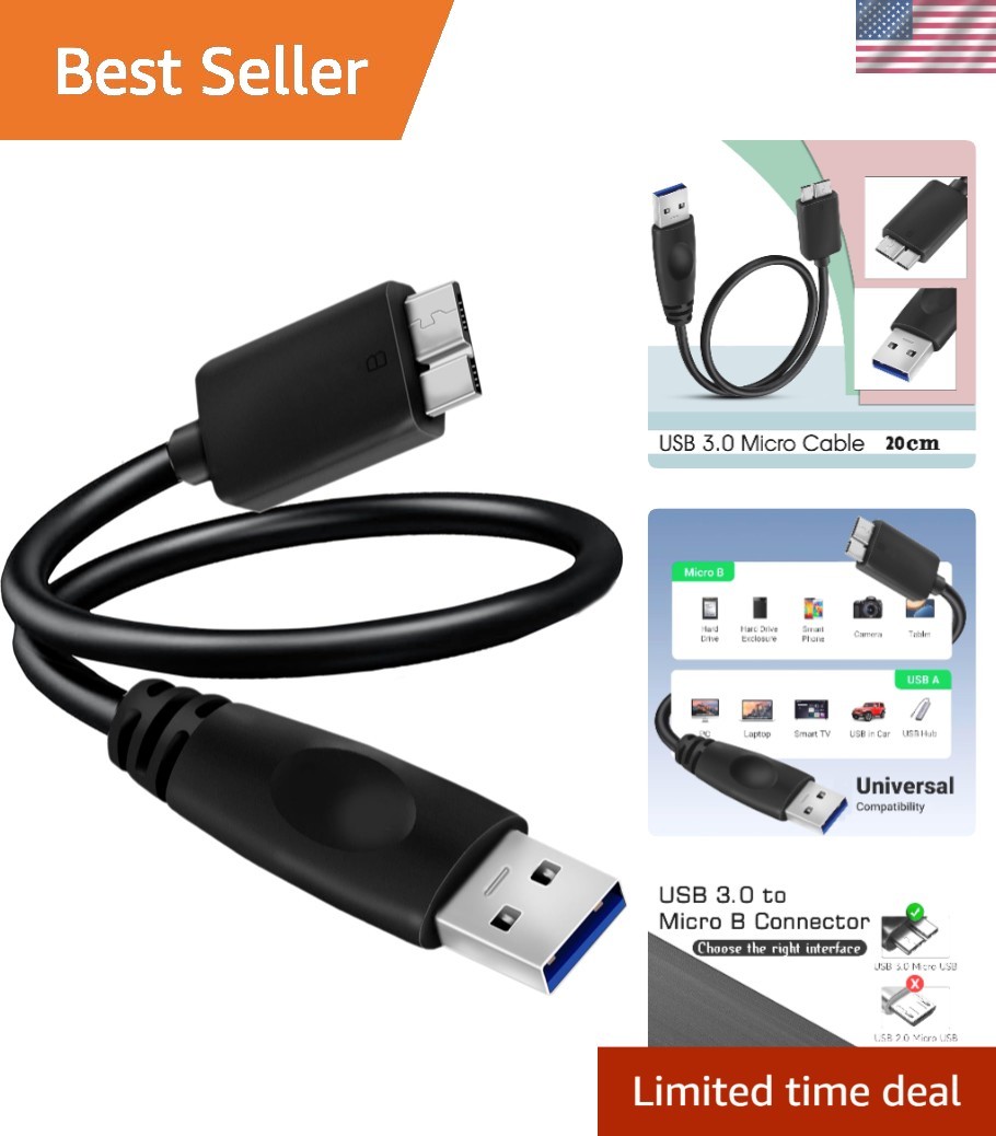 20cm USB 3.0 Micro B Cable - Fast Data Transfer for Devices, Sleek Black Design