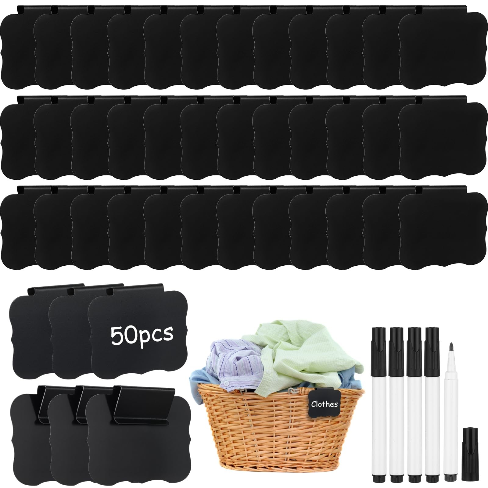 50 Pcs Black Basket Labels Clip on for Storage Bins,