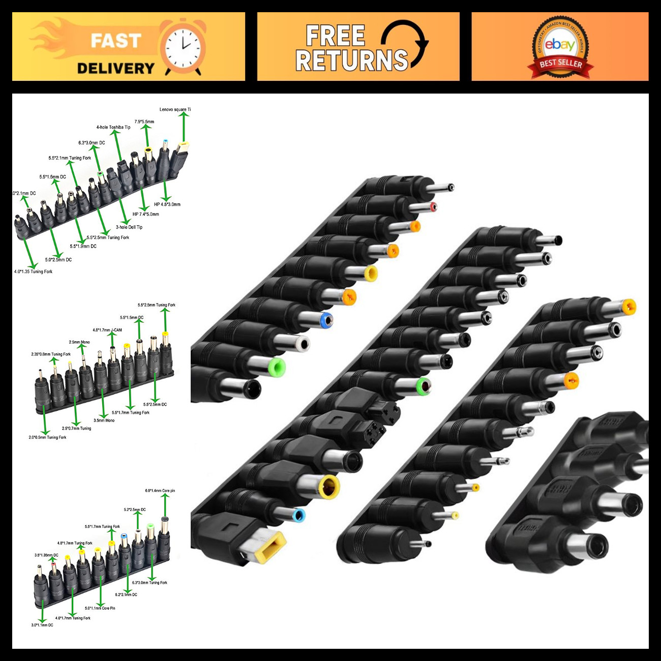 38 PCS Universal Laptop Power Adapter Tips 5.5mm x 2.1mm Connector Kit for Think