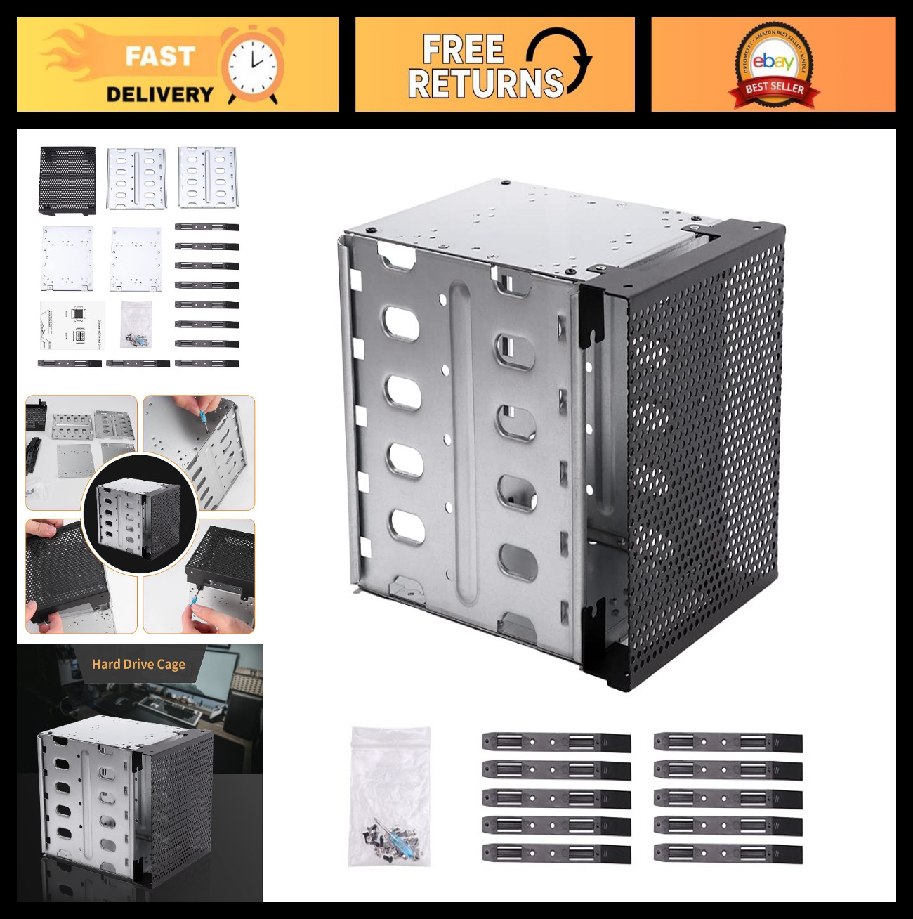 Hard Drive Cage Rack - Galvanized Steel & ABS Tray with Fan Space, 5.25in to 5x