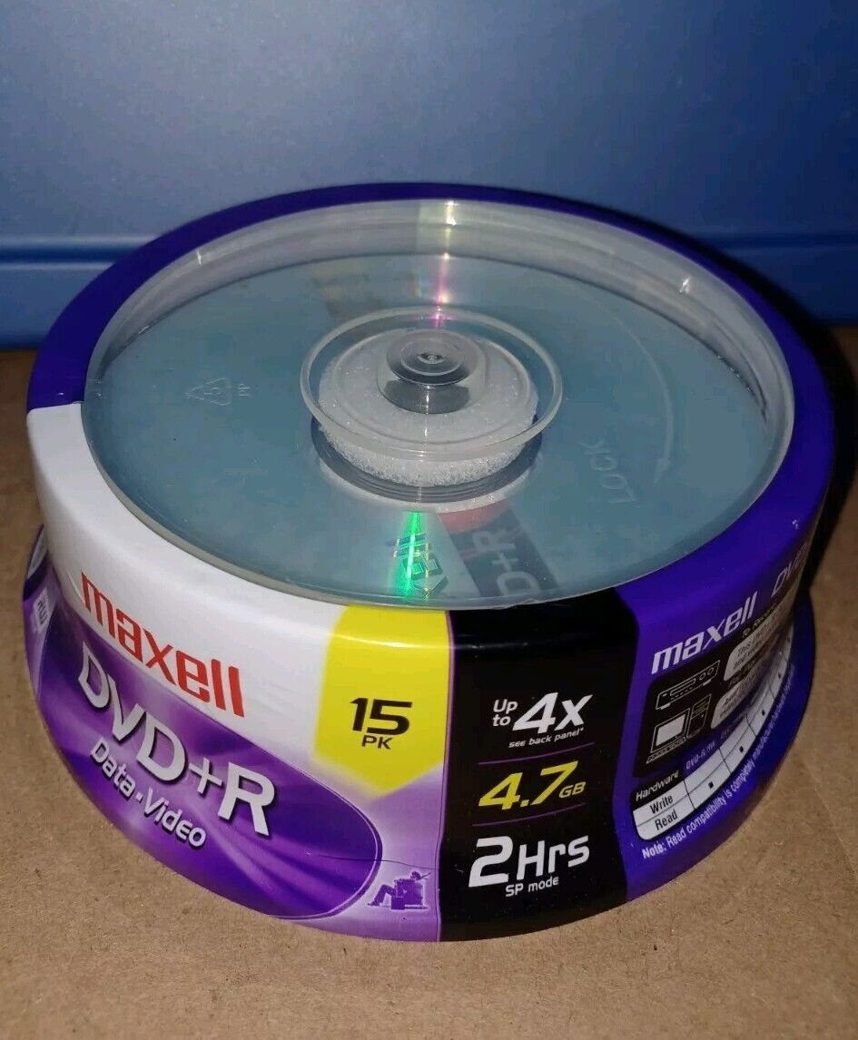 Maxell DVD+R 15 Pack 4.7 GB 120 Min 4x Speed. New Spindle.