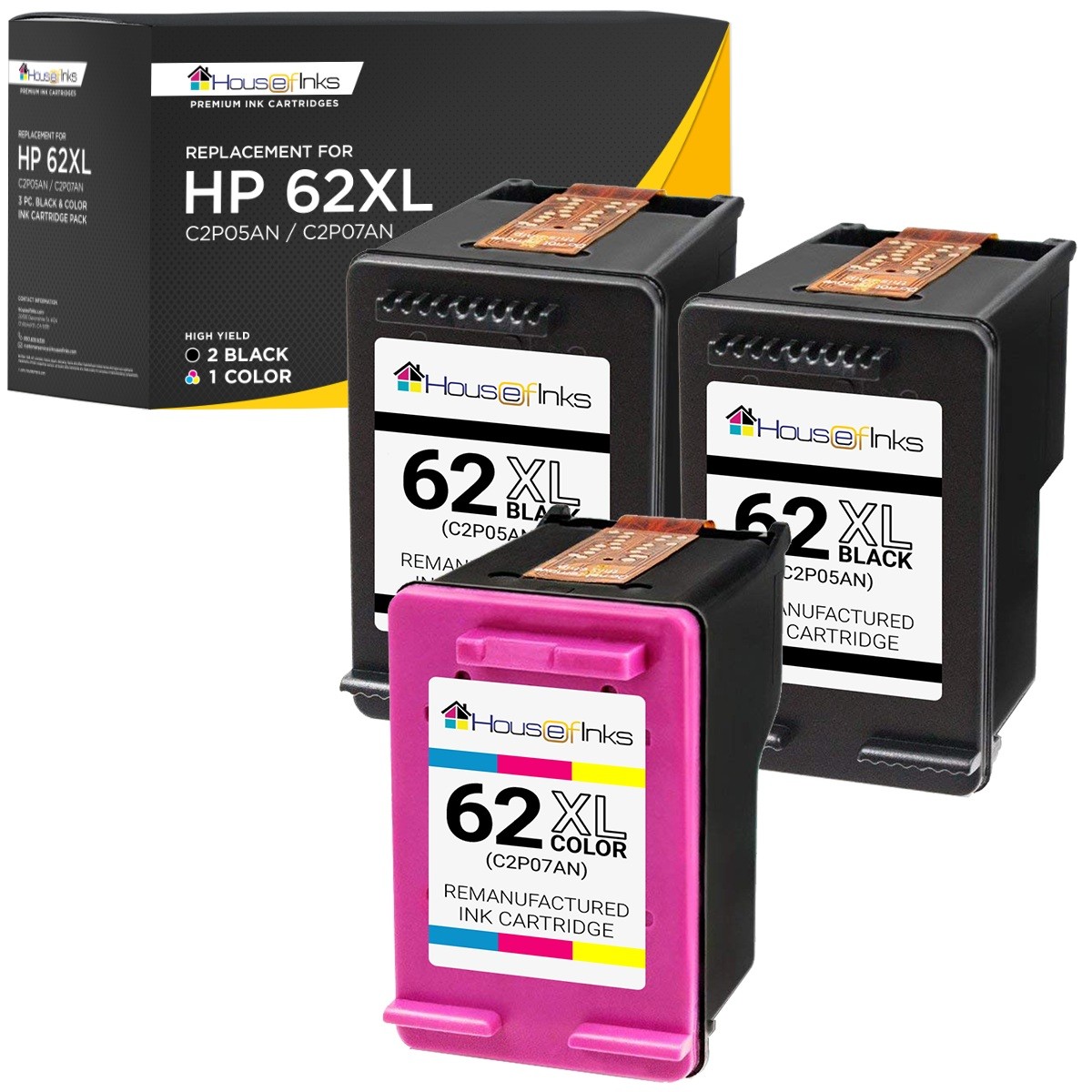 3PK Compatible With HP 62XL Black Color Ink Cartridges for Officejet 5740 HP 62