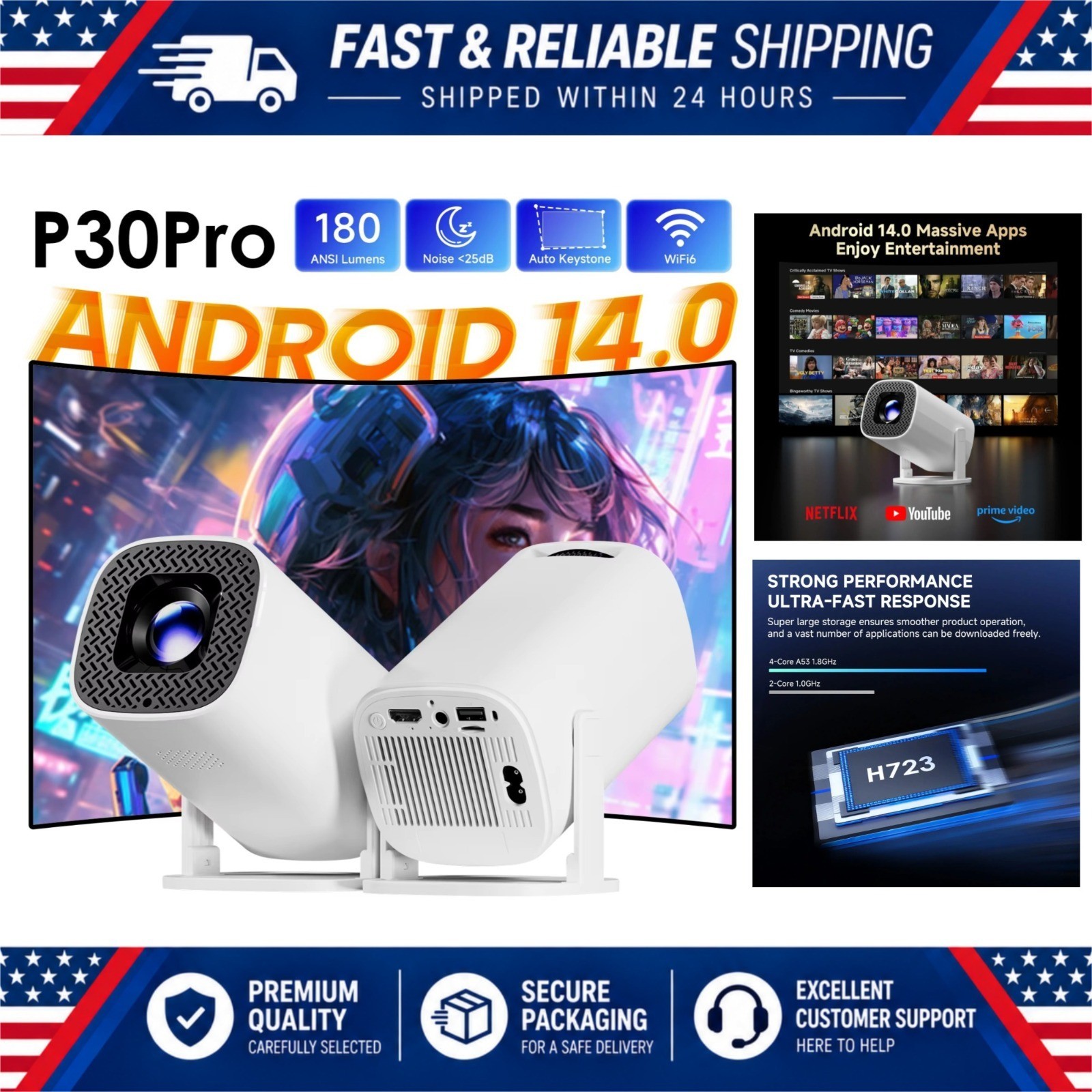 Topsion P30 PRO Mini Projector Android 14 WiFi6 720P 4K Support Home Theater