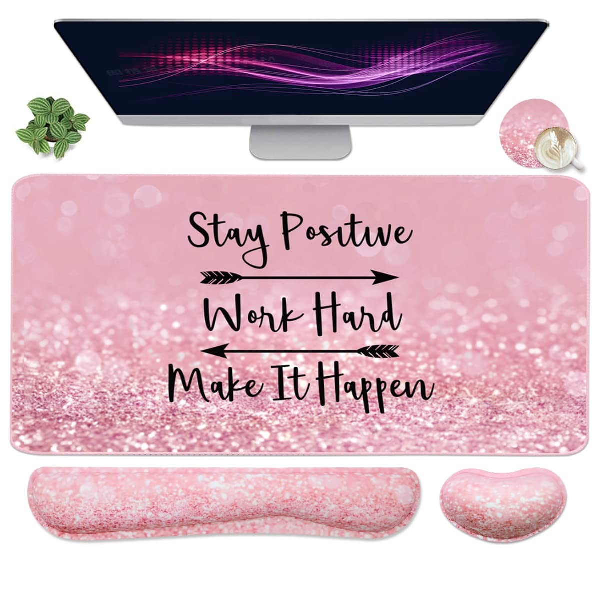Pink 4in1 Large Gaming Mouse Desk Pad Keyboard Wrist Rest Support Mat Set