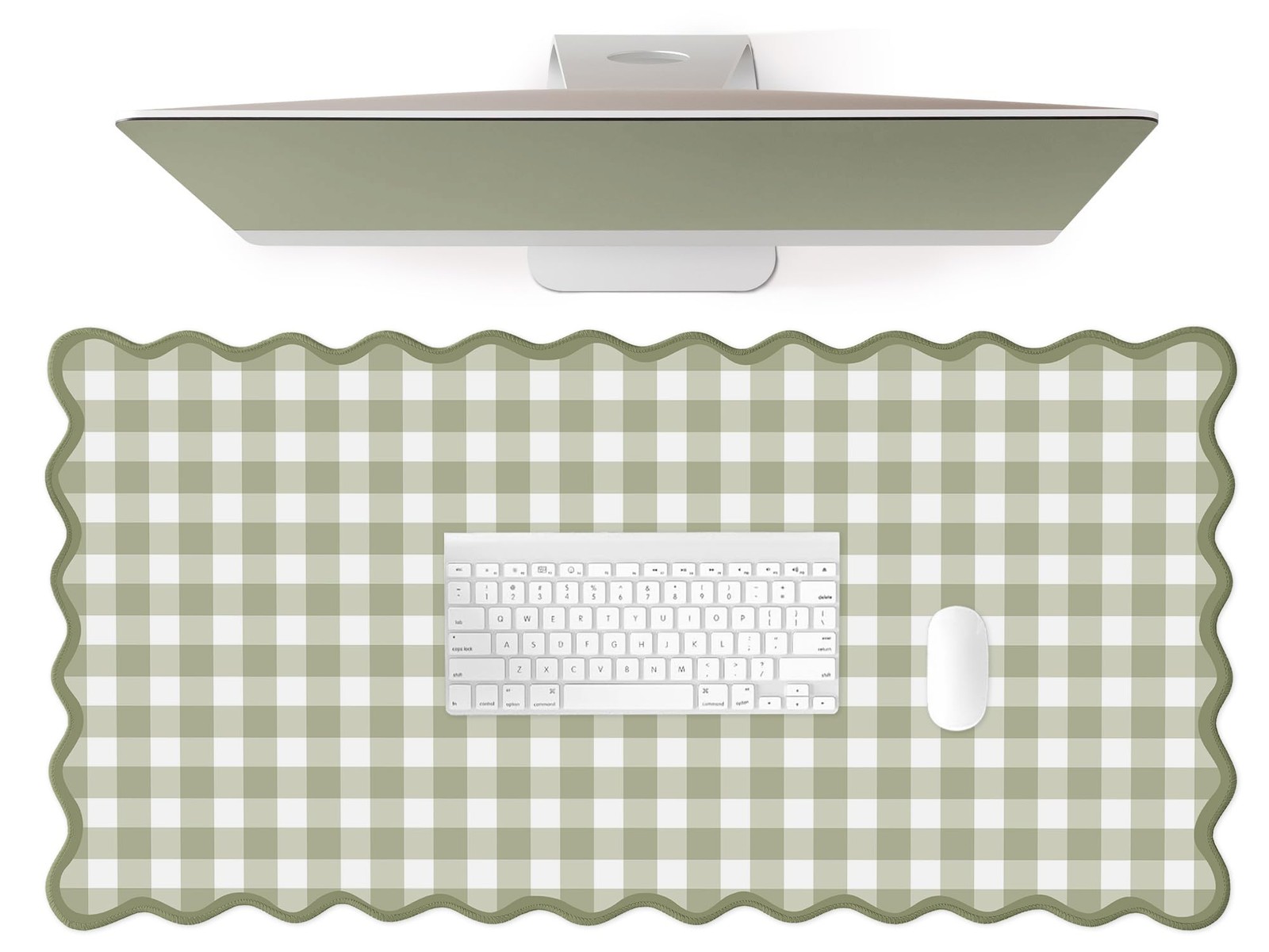 Scalloped‌ Green Checkered Desk Mat Cute Pastel Large Gaming Pad Gingham Kawa...