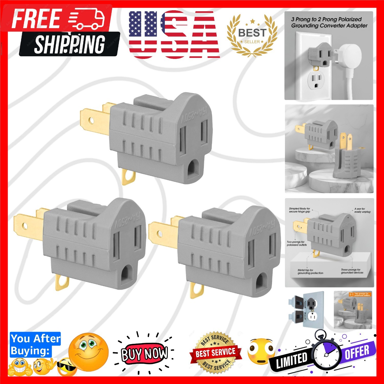 3 Pack 3-Prong to 2-Prong Adapter Polarized Grounding Converter 3 Pin to 2 Pi...