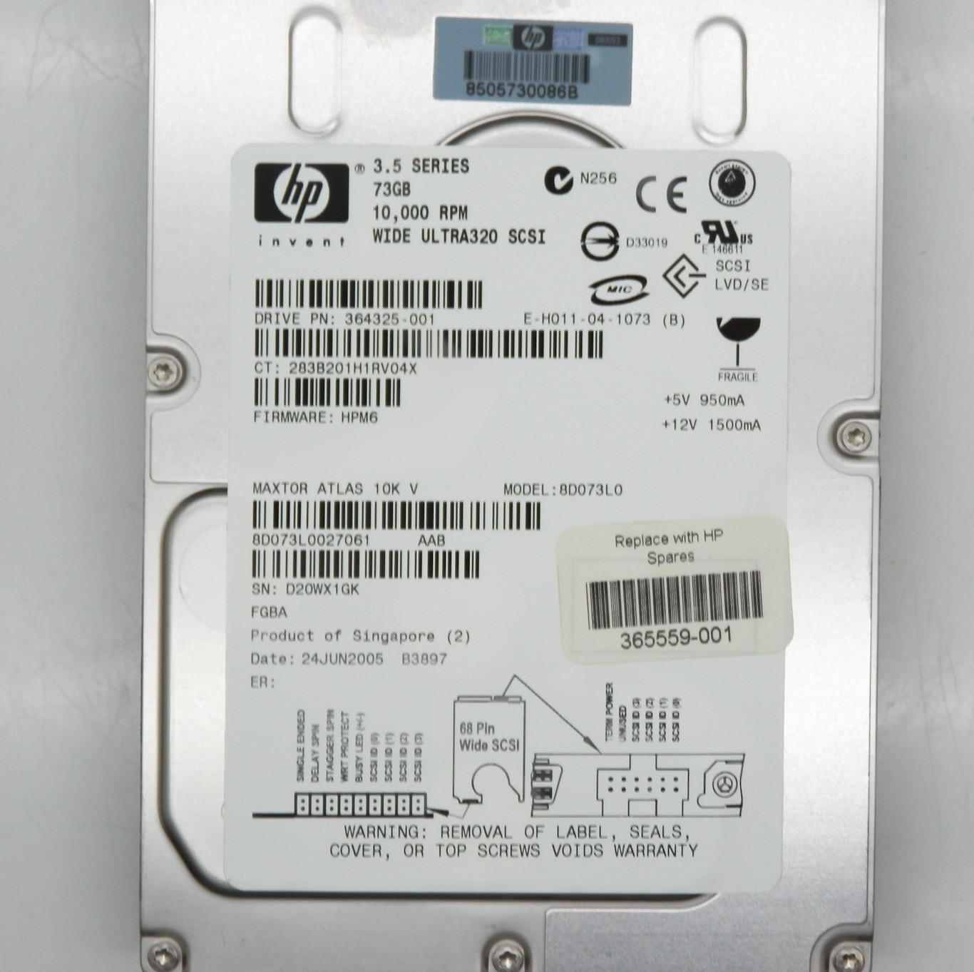 HP 73GB 10000RPM Ultra320 SCSI Hot LVD 68-Pin 3.5" Hard Drive 364325-001