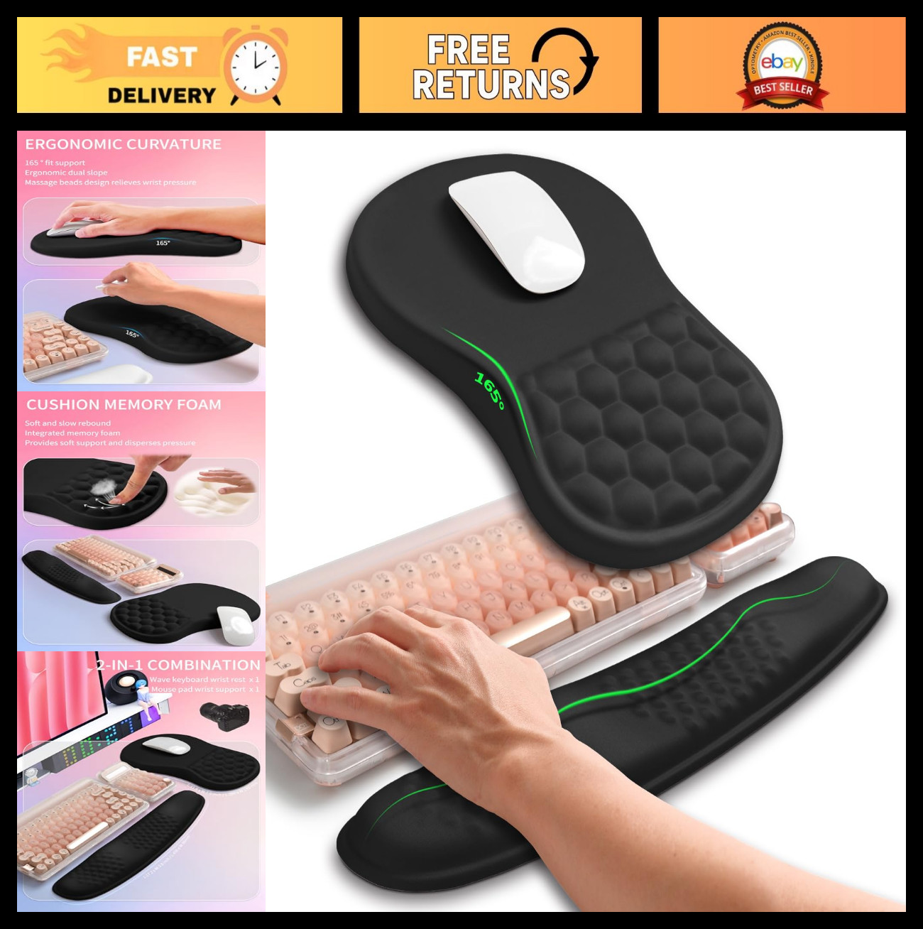 Ergonomic 2-in-1 Wave Keyboard Wrist Rest & Mouse Pad Support, Memory Foam, Blac