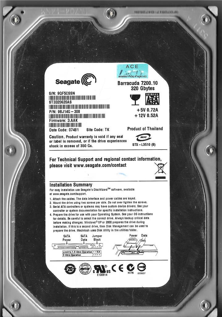 SEAGATE BARRACUDA ST3320620AS 320GB SATA HARD DRIVE P/N: 9BJ14G-308 SITE: TK
