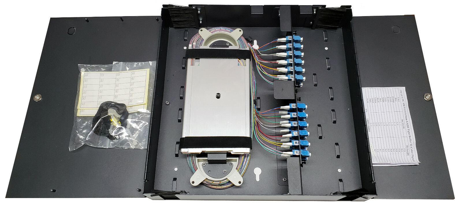48 Fiber Wall Mount w/ 24 LC/UPC Duplex Adapters, SM Pigtails & Two Splice Trays