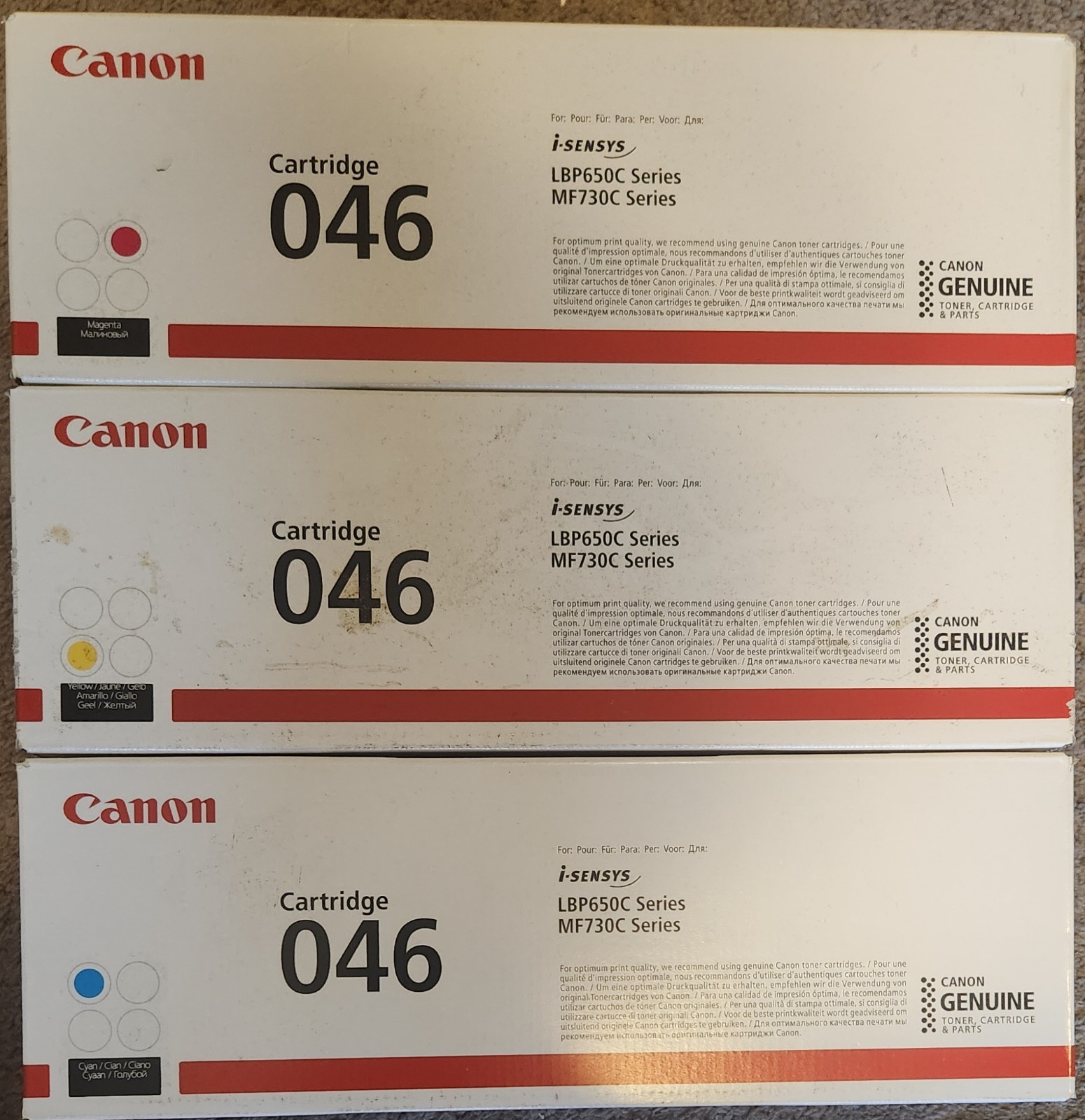 Canon 046 Toner Cartridges 3 Pack Cyan Magenta Yellow Genuine OEM New