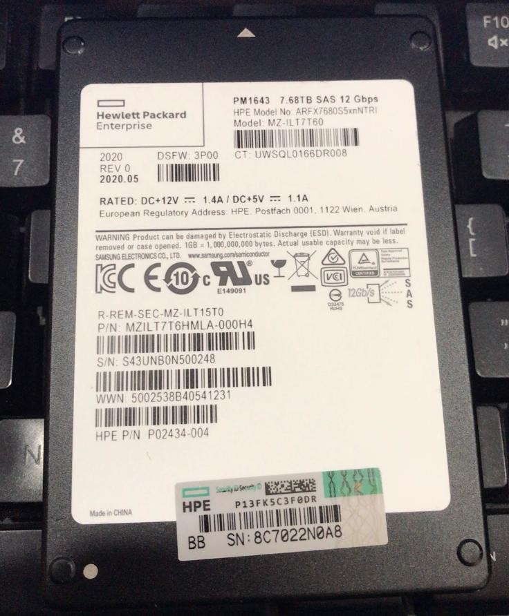 Samsung PM1643 7.68TB HPE SSD 2.5" SAS 12Gb/s MZILT7T6HMLA-000H4 95%+Health