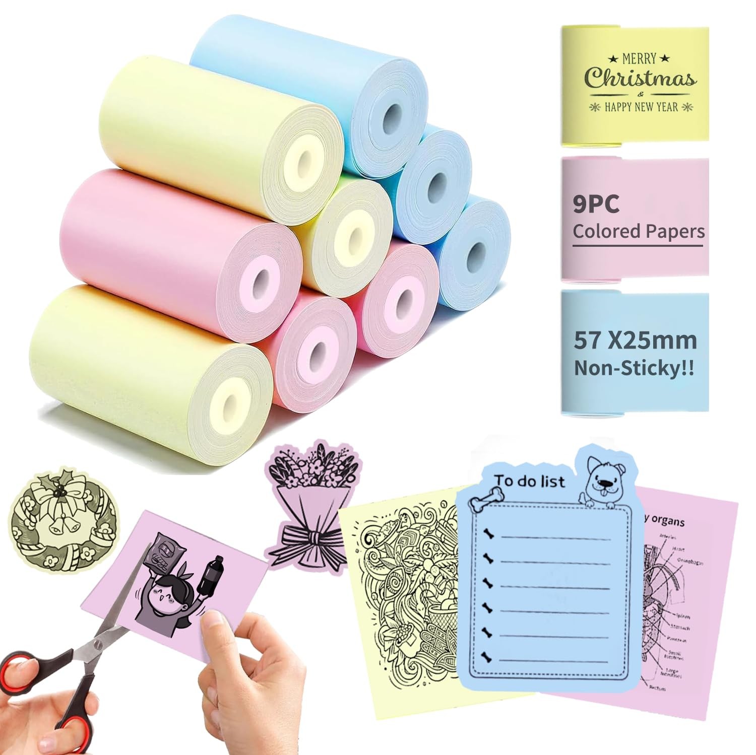 9 Rolls Colored Mini Thermal Nonsticker Paper for Pocket Printers