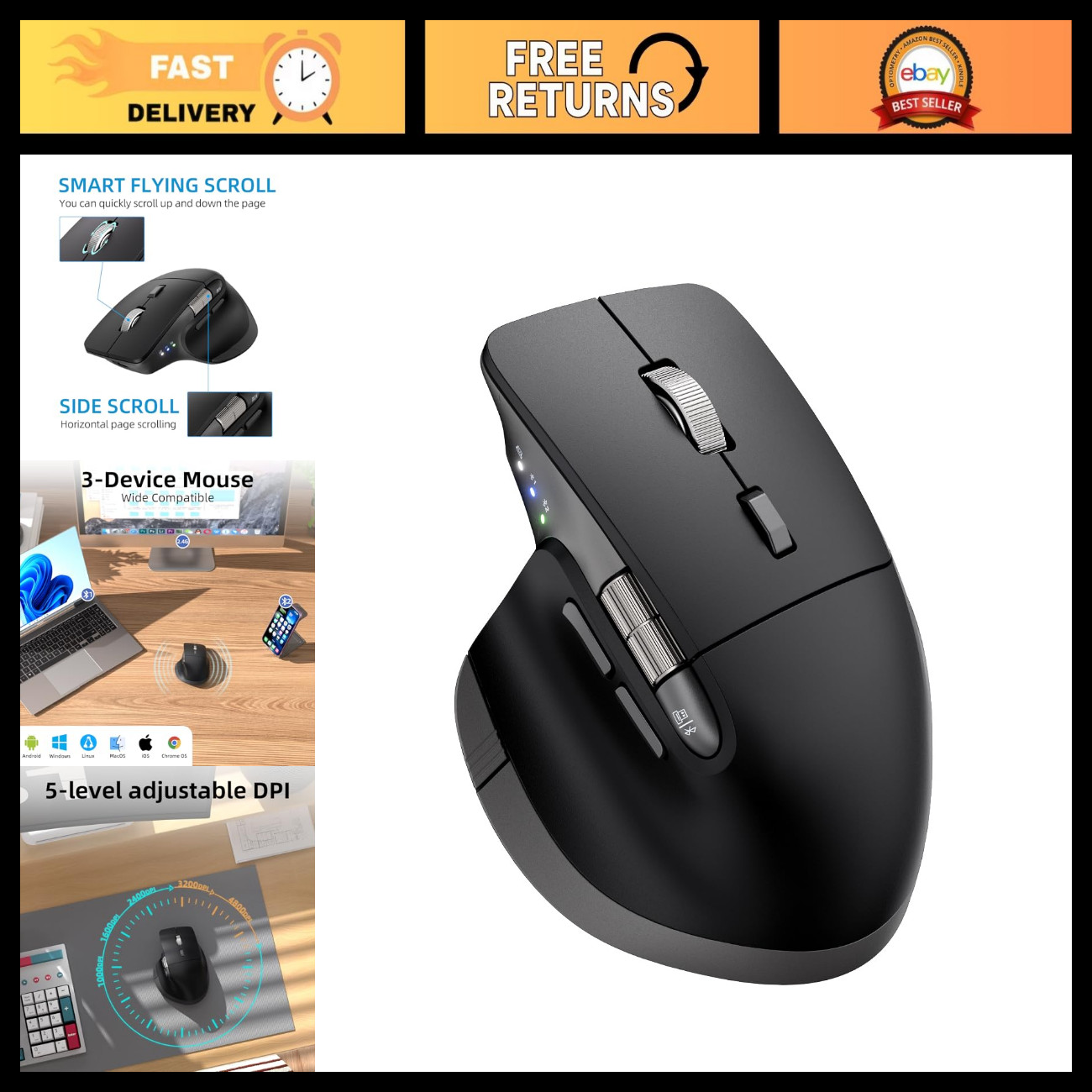 Ergonomic Wireless Bluetooth Mouse, 6 Programmable Buttons, Multi-Device, Rechar