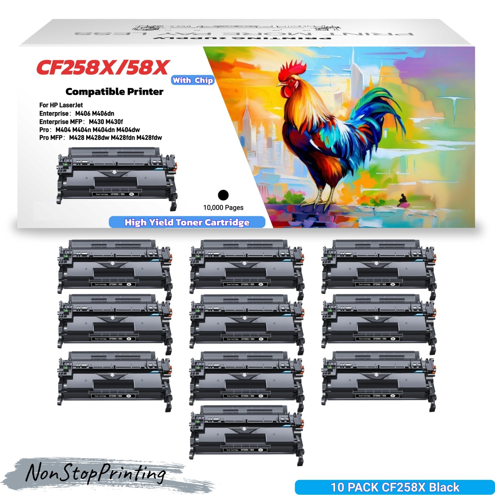Compatible 10PK CF258X 58X BK Toner with Chip for HP M404dn M404n M428fdw M406dn