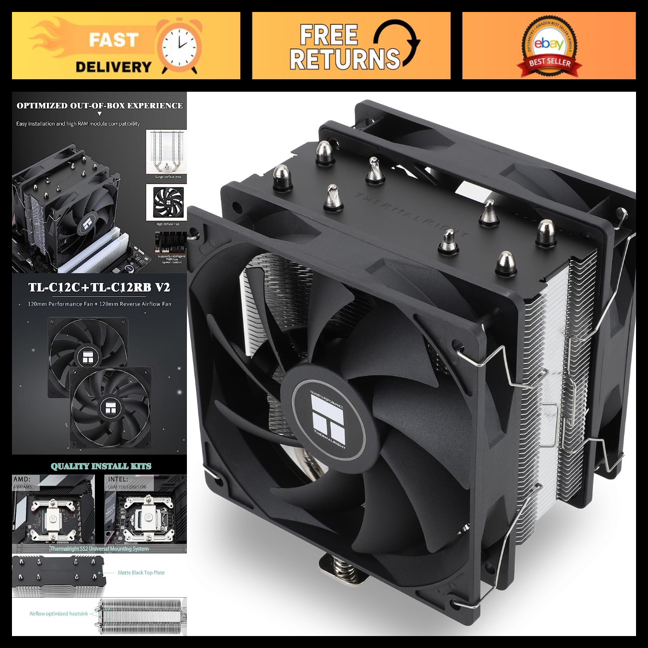 High-Performance CPU Air Cooler, 1550RPM Double PWM Fans, AMD AM4/AM5 & Intel LG