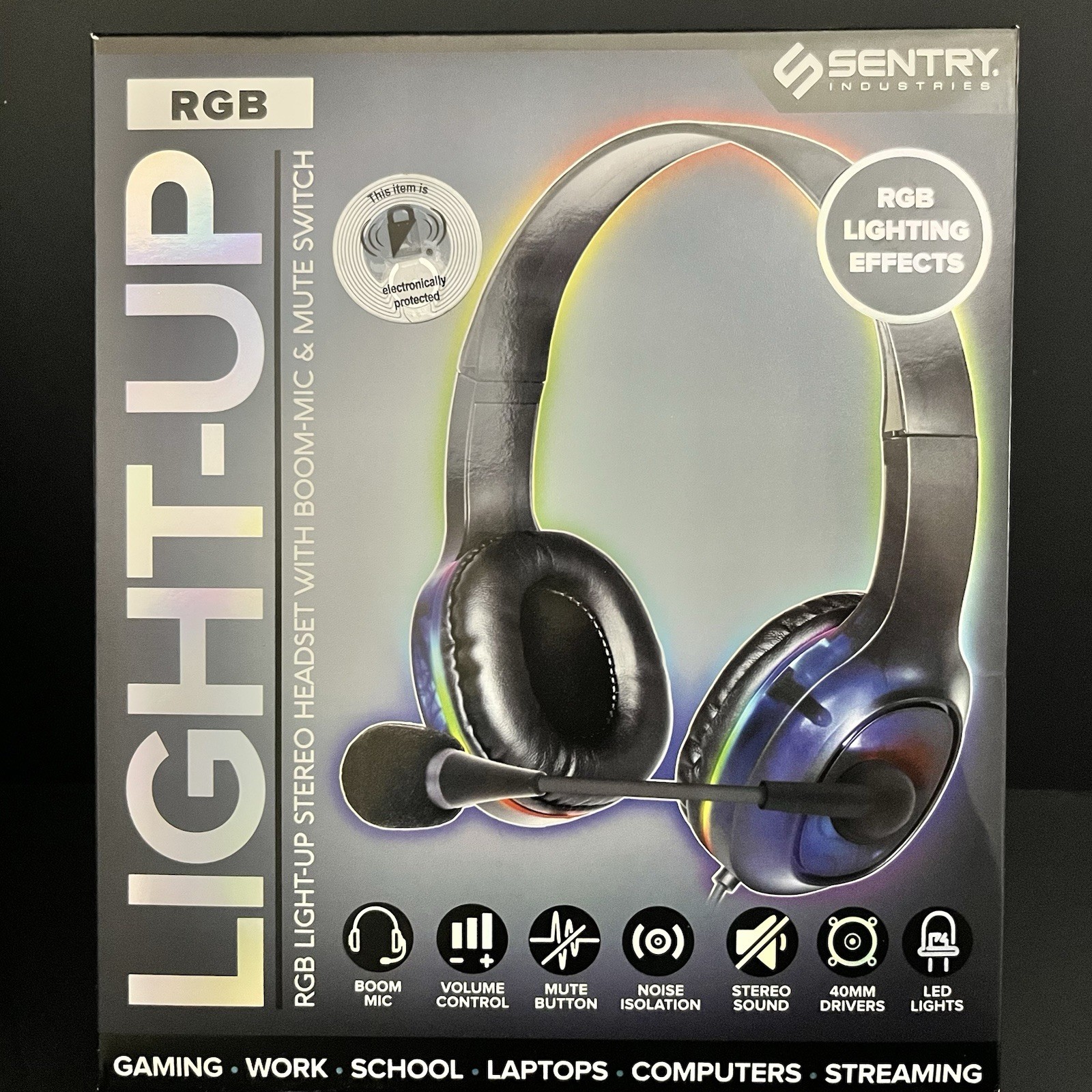 Sentry Industries RGB Light up Stereo Headset With Boom-Mic & Mute Switch