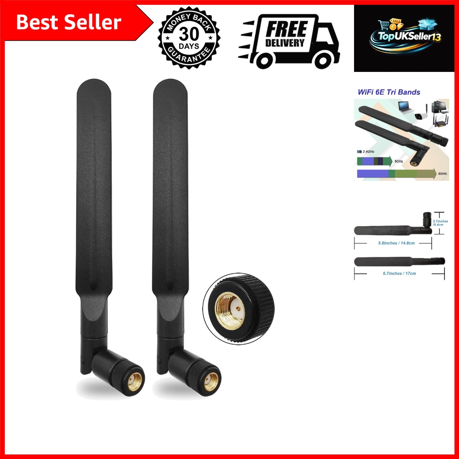 Tri-Band WiFi 6E Antenna 5dBi RP-SMA Male for PC Desktop Router 2Pcs