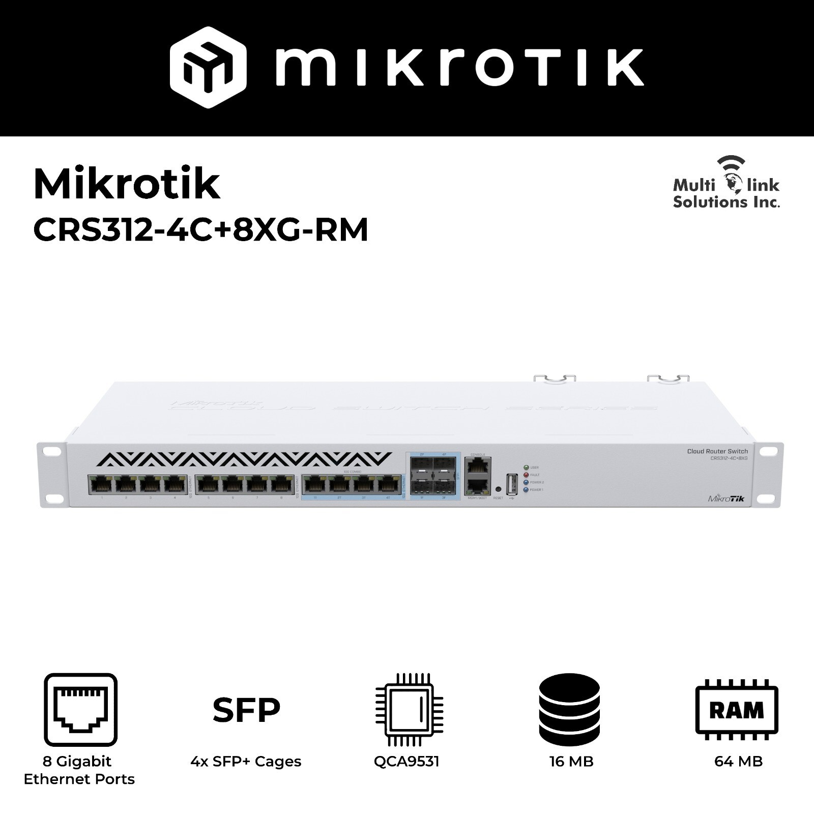 MikroTik 12-Port 10G Switch with Dual Power Supply CRS312-4C+8XG-RM