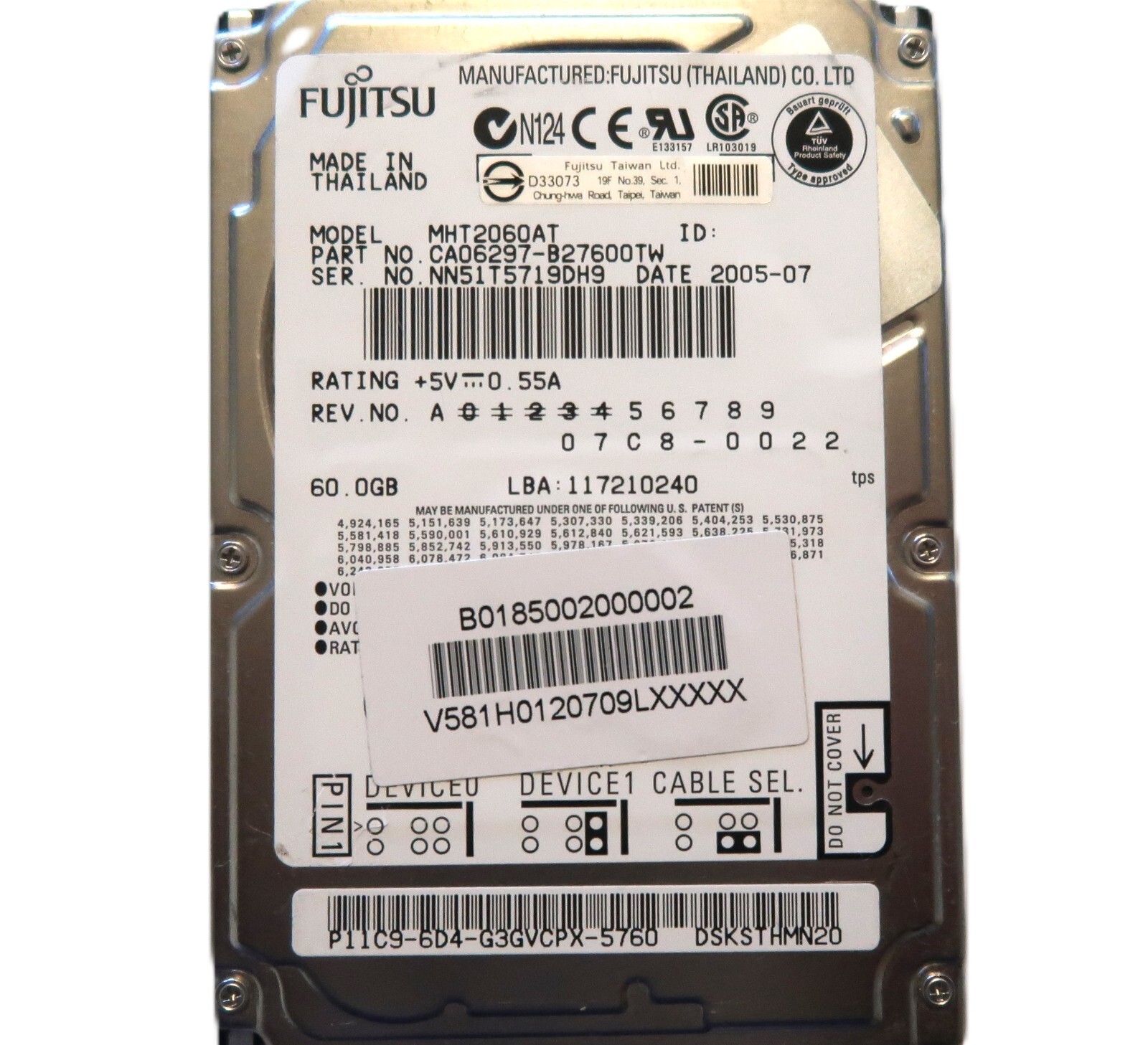 Fujitsu MHT2060AT CA06297-B27600TW Thailand 07C8-0022 60gb 2.5" IDE 2005-07