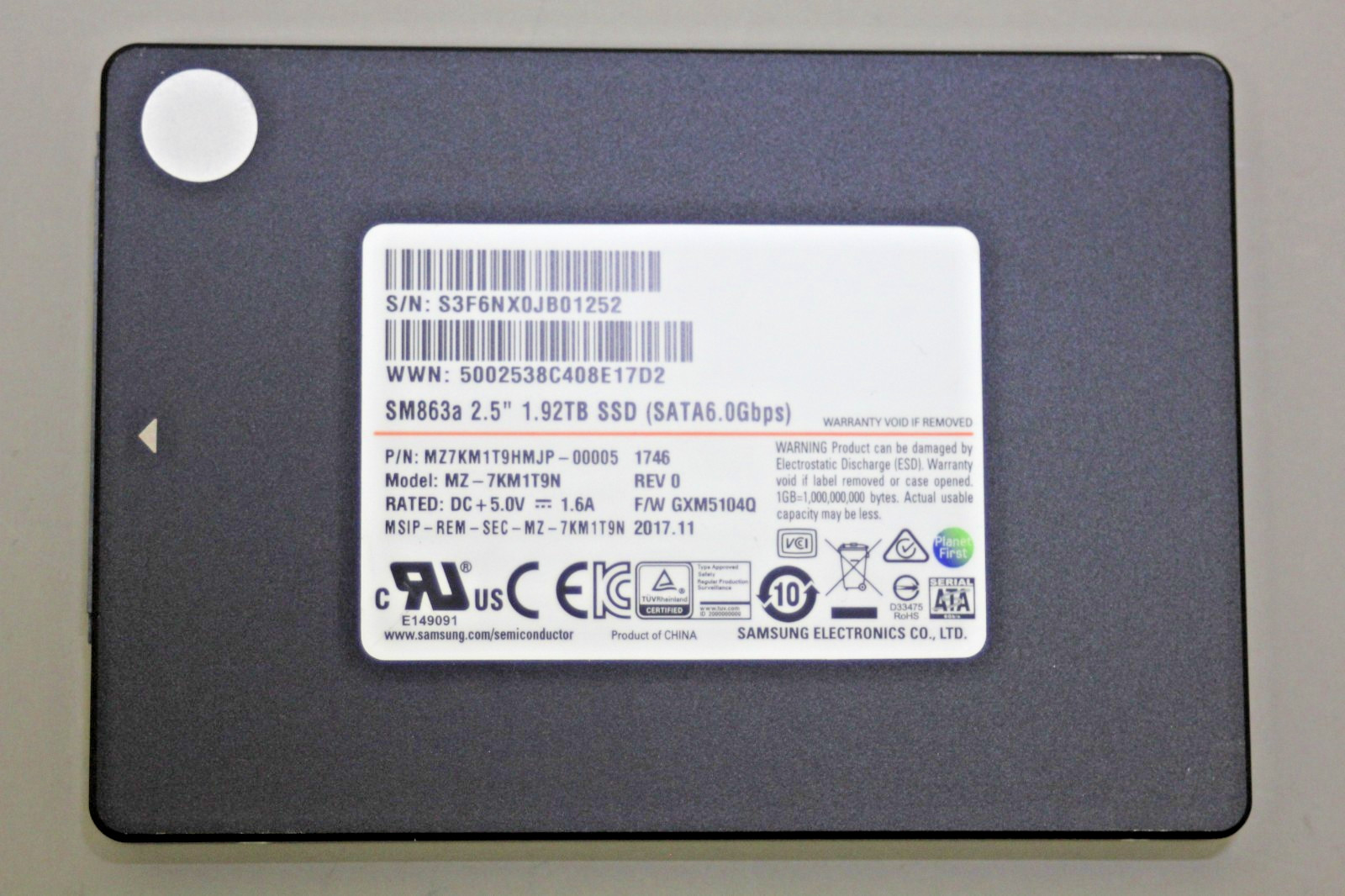 Samsung SM863a 1.92TB 6Gbps 2.5" SATA SSD MZ-7KM1T9N MZ7KM1T9HMJP 100% Health