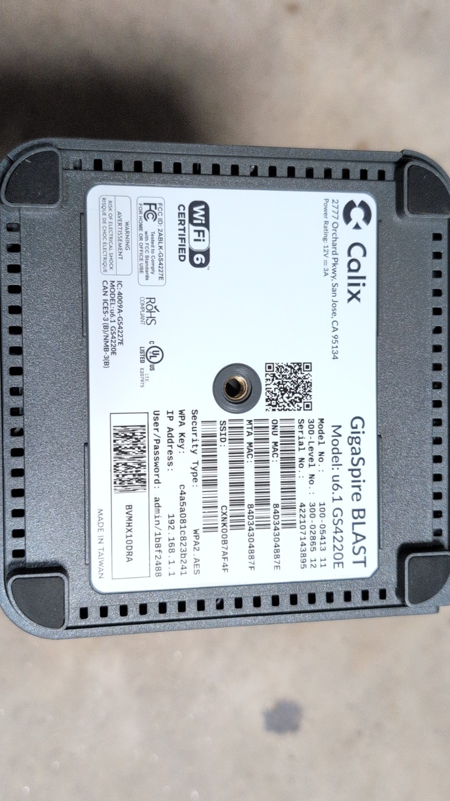 Calix GigaSpire BLAST u6.1 GS4220E WiFi 6 Fiber Gateway Router (Used)