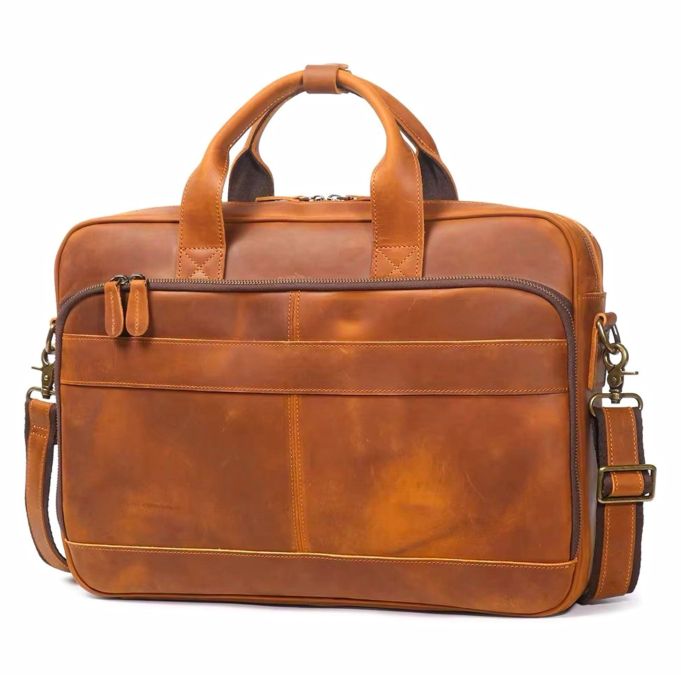 Leather Laptop Briefcase, Brown, Padded, Shoulder Strap, Solid Pattern New Tan