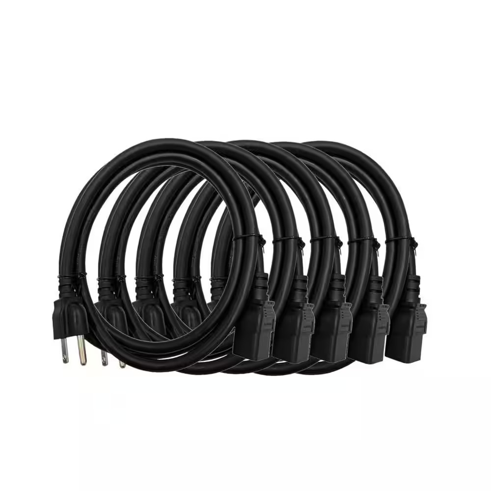 8 Ft. C19 to NEMA 5-15P AC Power Cord in 14AWG / 3-Conductors Indoor Black 5-Pac