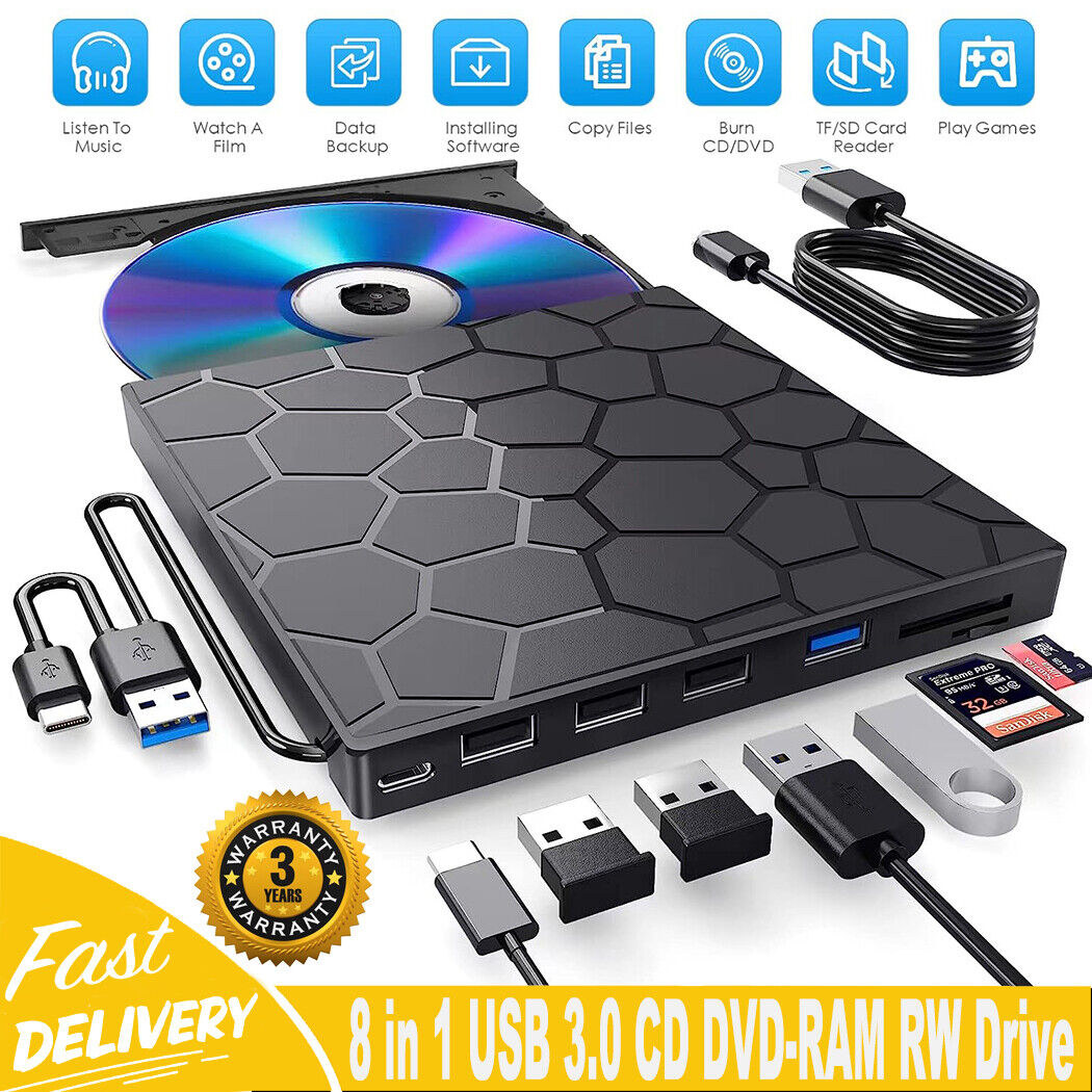Slim External CD DVD Drive USB 3.0 Disc Player Burner Writer For Laptop PC Mac