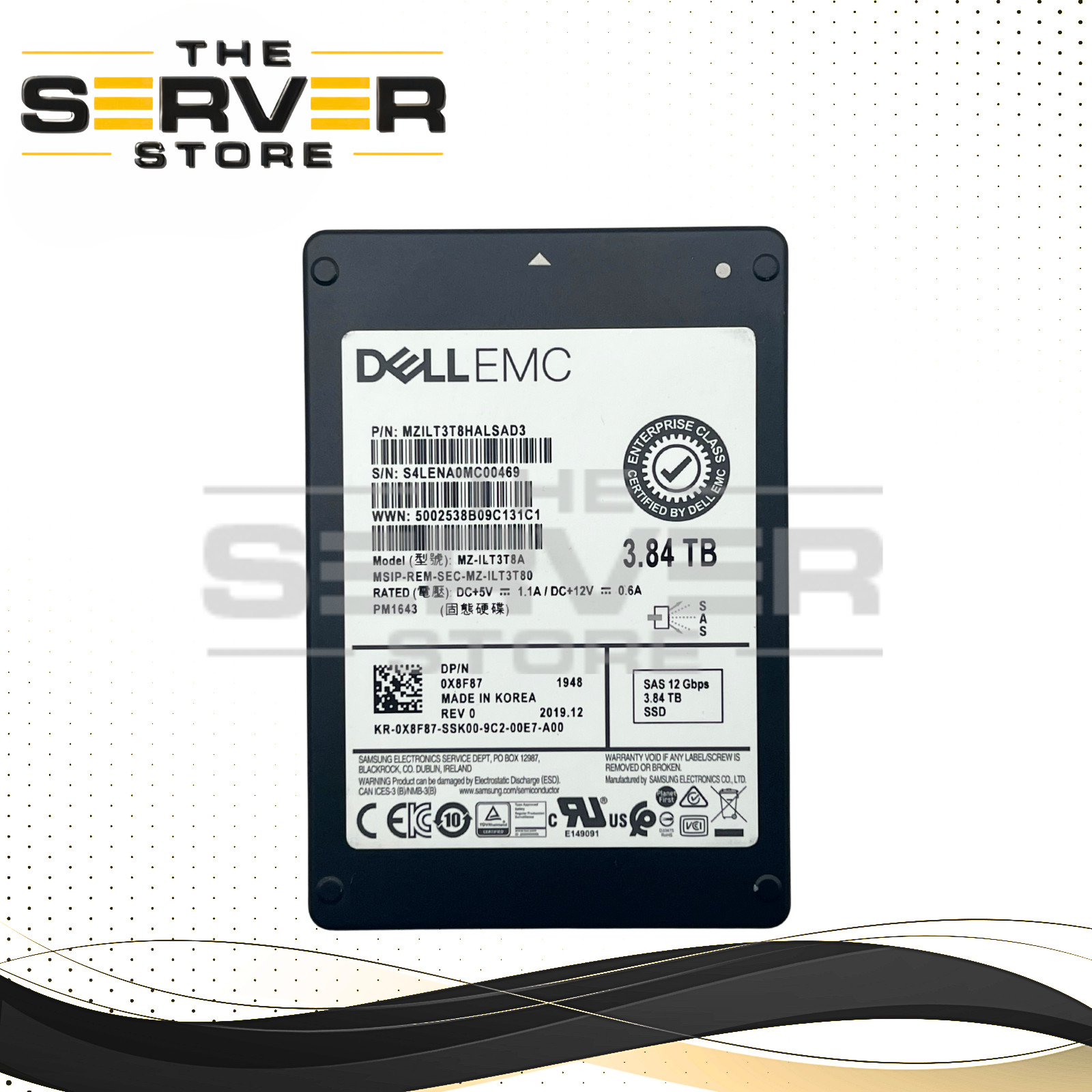 (NOB) Dell EMC 3.84TB SAS 12G RI 2.5" SSD Samsung PM1643 MZ-ILT3T8A X8F87 X8F87