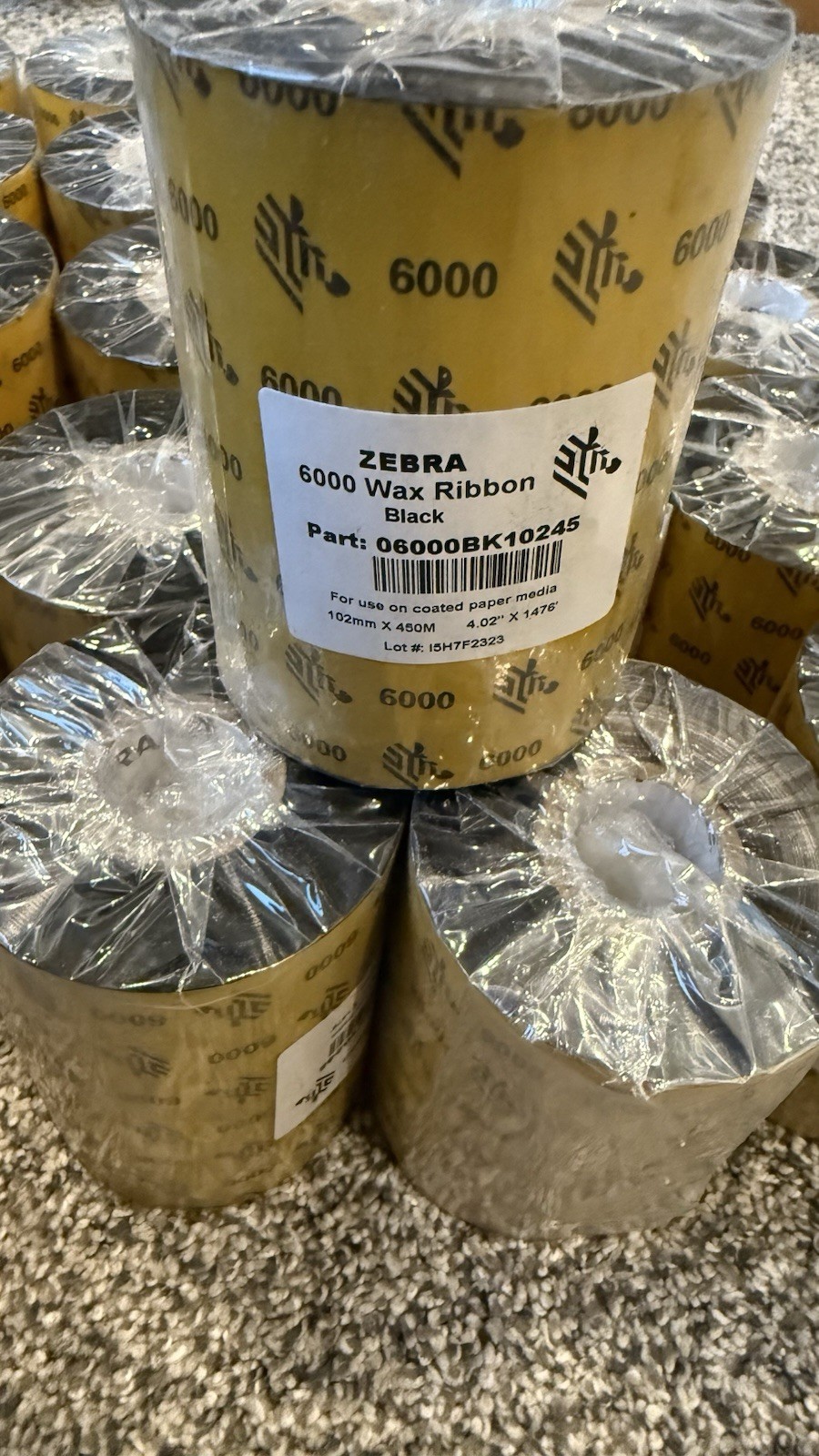 Wax Ribbon. 5 Rolls Genuine Zebra 4.02" x 1476' Thermal 6000 Black 06000BK10245